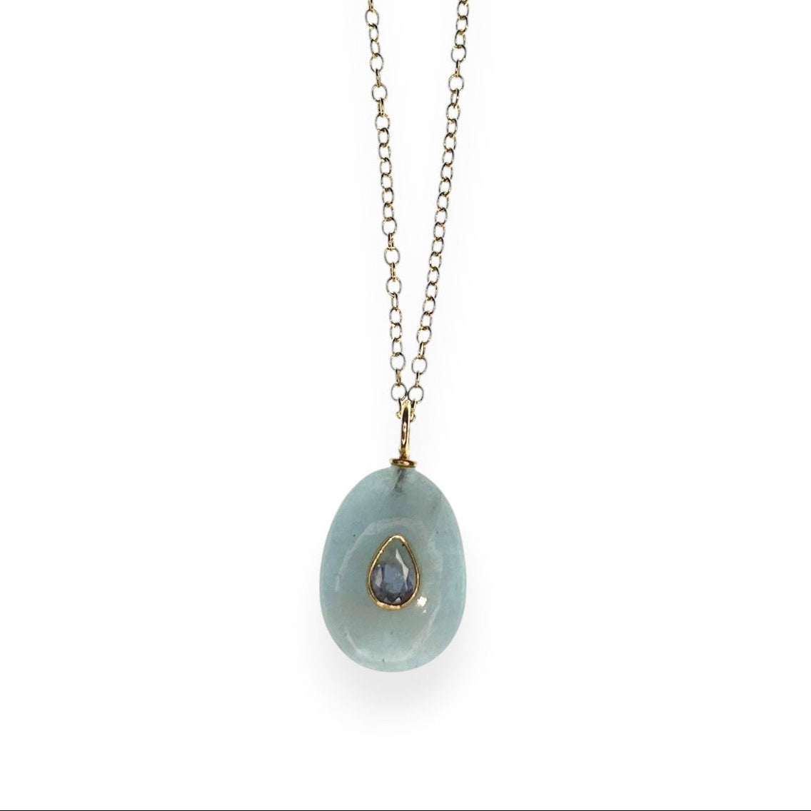 Teardrop Raw Aquamarine with Blue Zircon Pendant Necklace