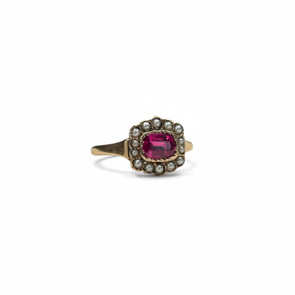synthetic ruby, lab ruby, man made ruby, ruby, ring ring, antique ruby, seed pearls, pearl, pearl ring, 14k yellow gold, antique ring, cambridge, local jewelry