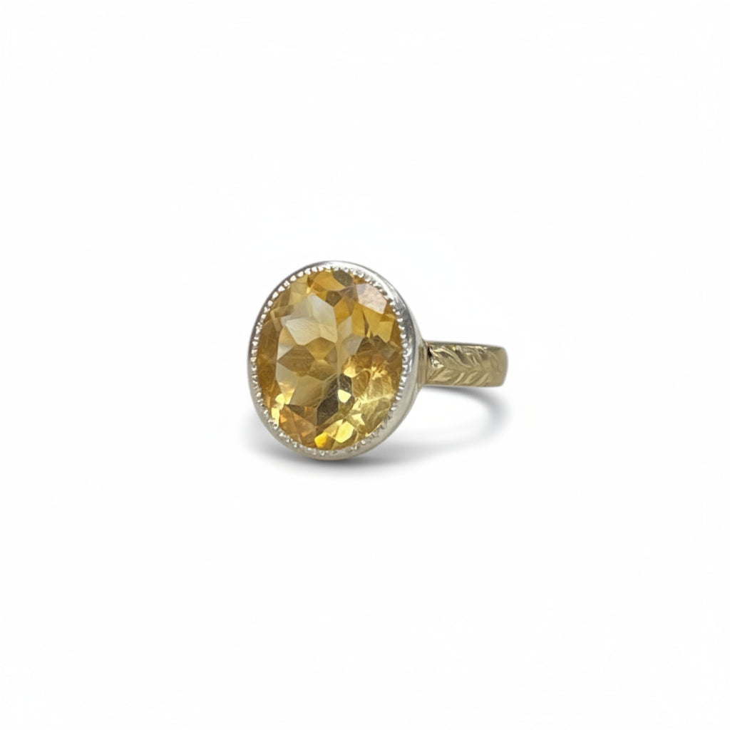mixed metal, mixed metal ring, 14k yellow gold, bezel-set, citrine ring, vintage, local, engraved