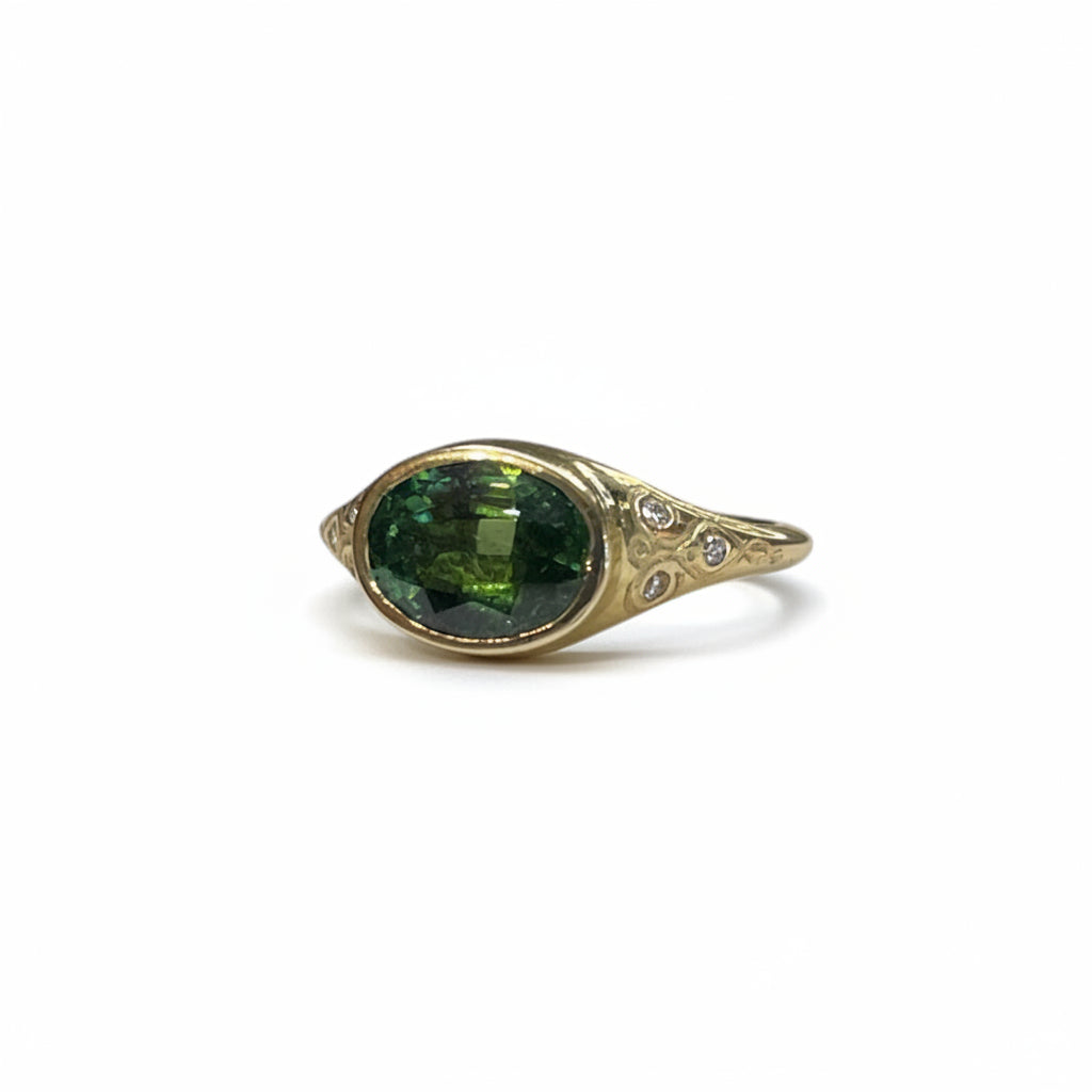 tourmaline ring, tourmaline, 14k yellow gold, gold ring, handcrafted, accent diamond ring, local-jeweler, northampton jewelry