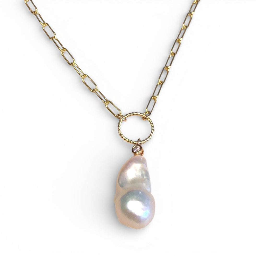 Baroque Pearl Diamond Paperclip Necklace