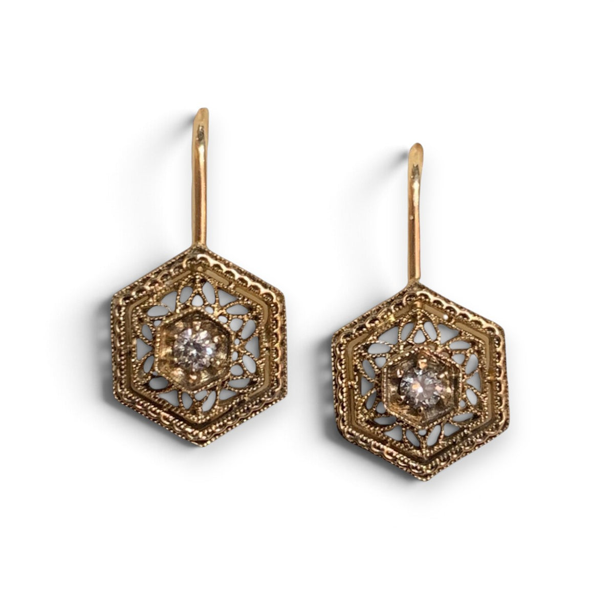 Hexagon Filigree Diamond Earrings