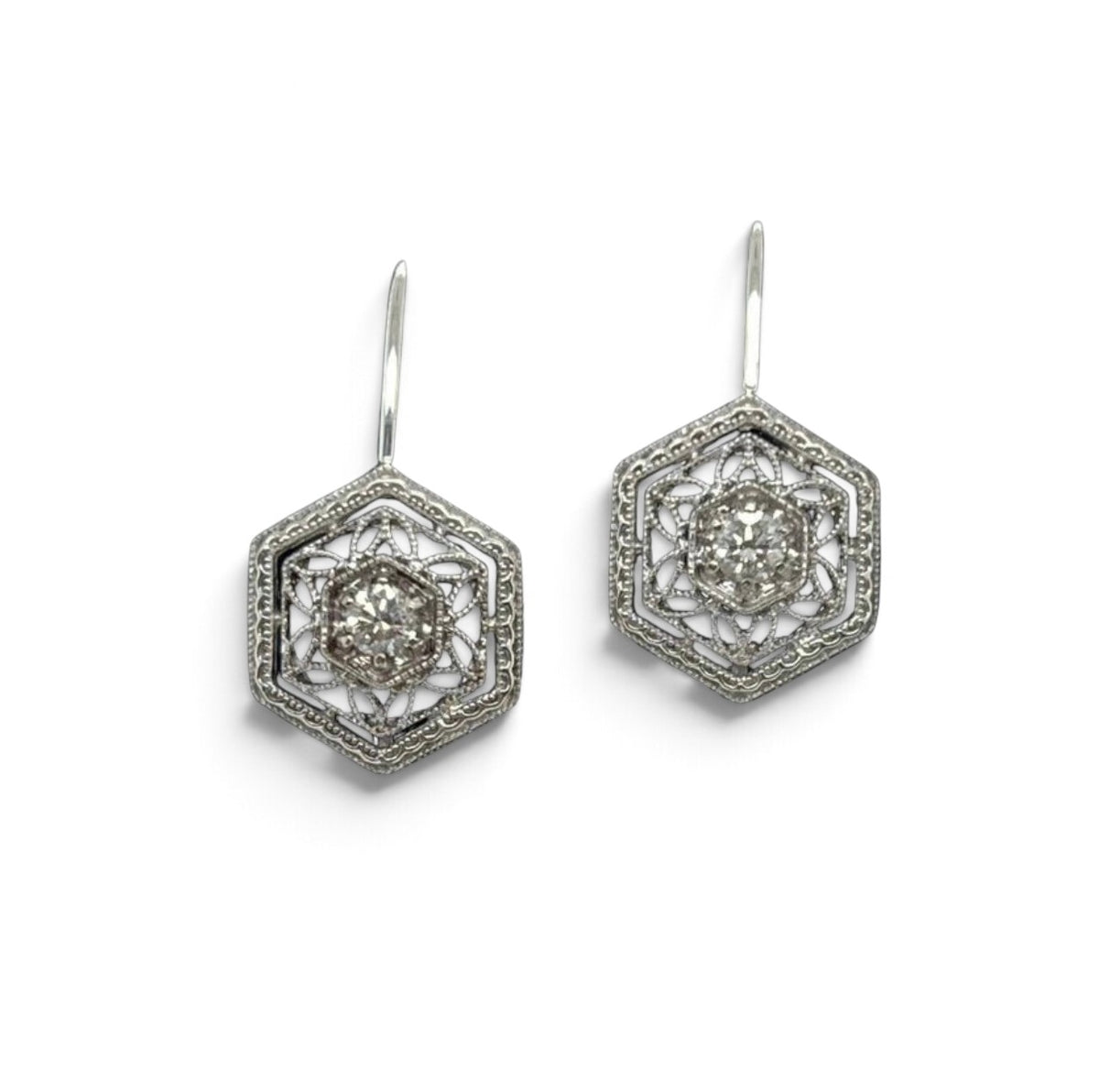 Hexagon Filigree Diamond Earrings