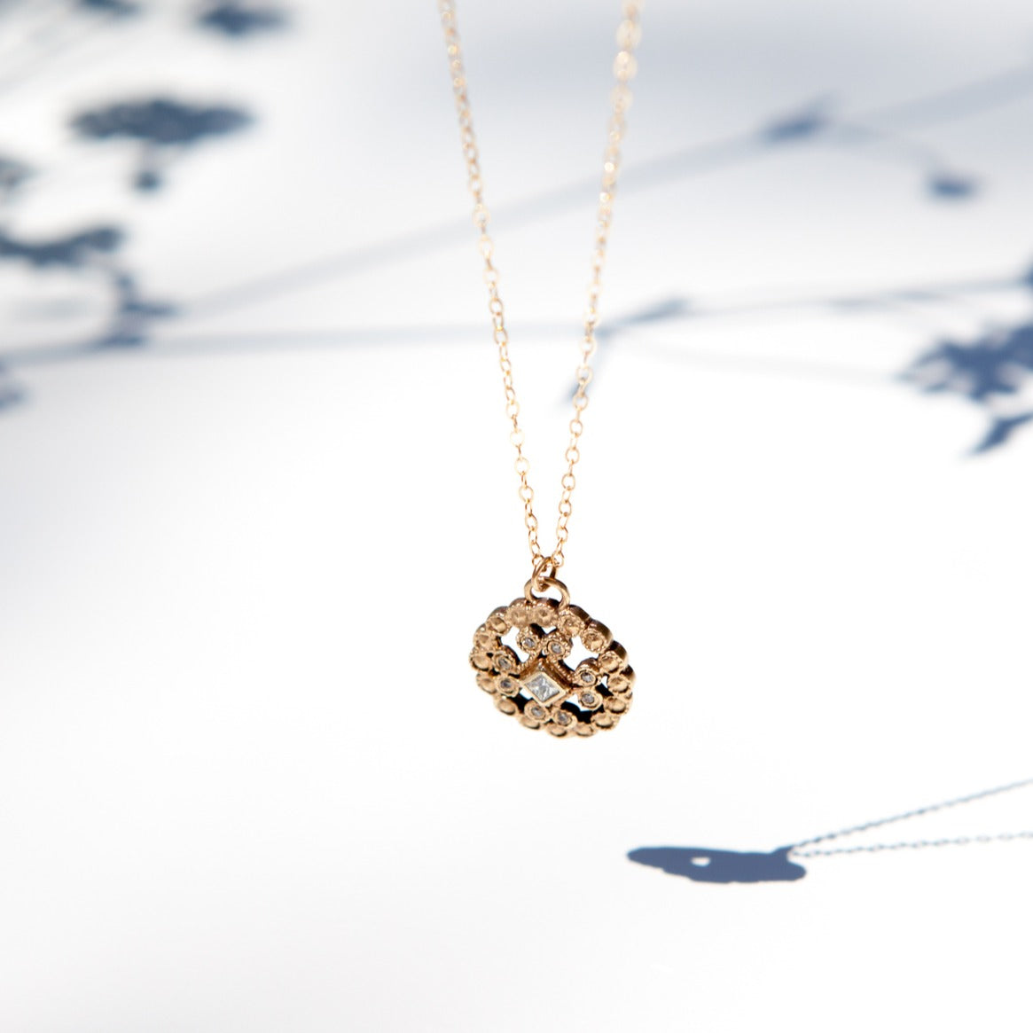 14k Gold Lace Cast Necklace with Diamonds