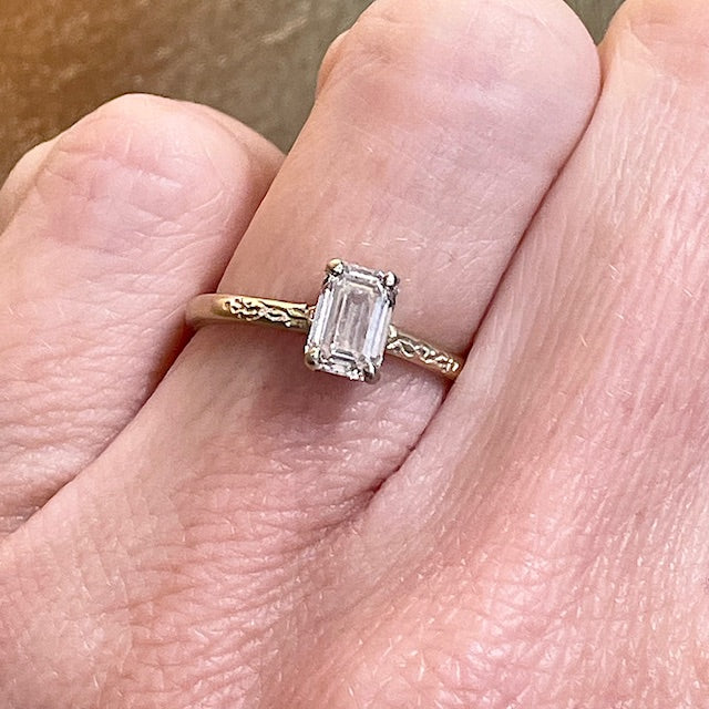 Hand Engraved Emerald Cut Diamond Ring