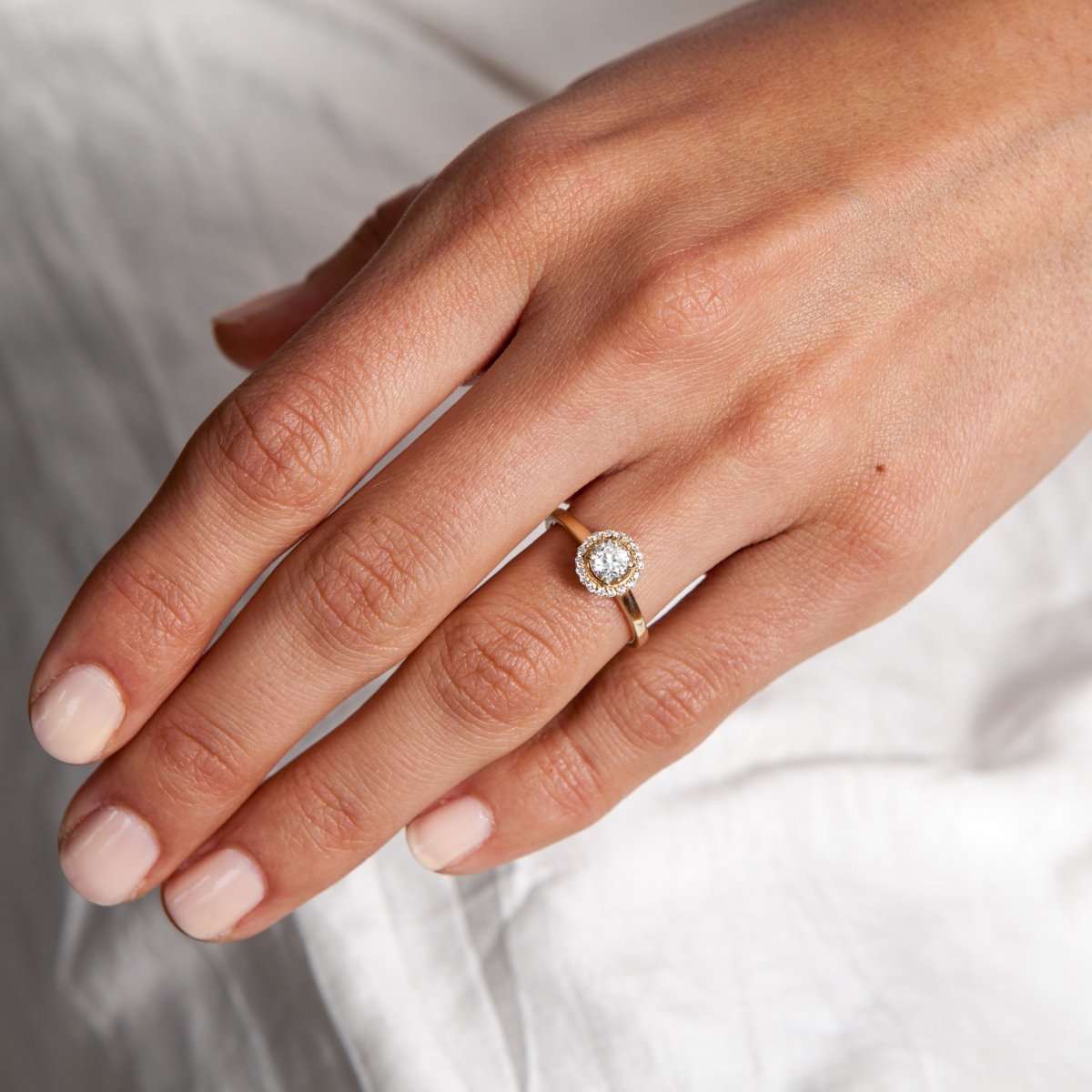 14k yellow gold engagement ring, 14k yellow gold halo engagement ring, 14k yellow gold antique inspired engagement ring, 14k yellow gold victorian inspired engagement ring, .50ct round brilliant diamond halo ring, repurposed diamond ring, antique diamond ring, handmade engagement ring