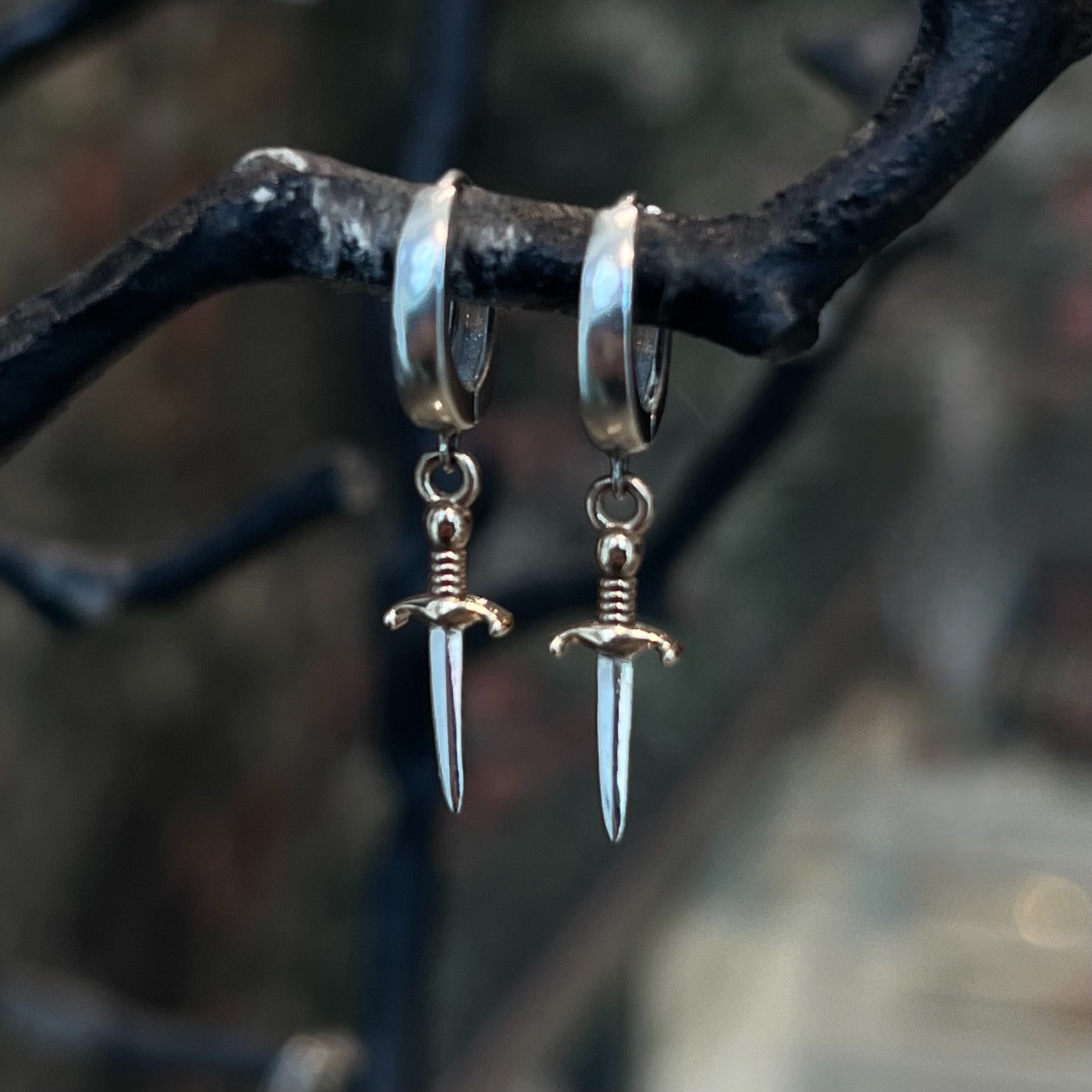 sword, sword earrings, dagger, dagger earrings, edgy jewelry, handmade, handmade jewelry, custom jewelry, antique style jewelry, mixed metal, gold vermeil earrings, sterling silver earrings