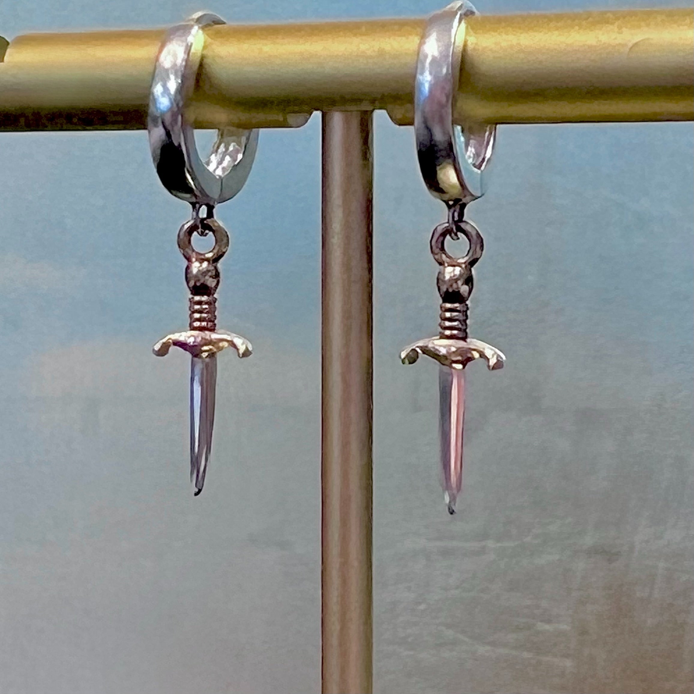sword, sword earrings, dagger, dagger earrings, edgy jewelry, handmade, handmade jewelry, custom jewelry, antique style jewelry, mixed metal, gold vermeil earrings, sterling silver earrings
