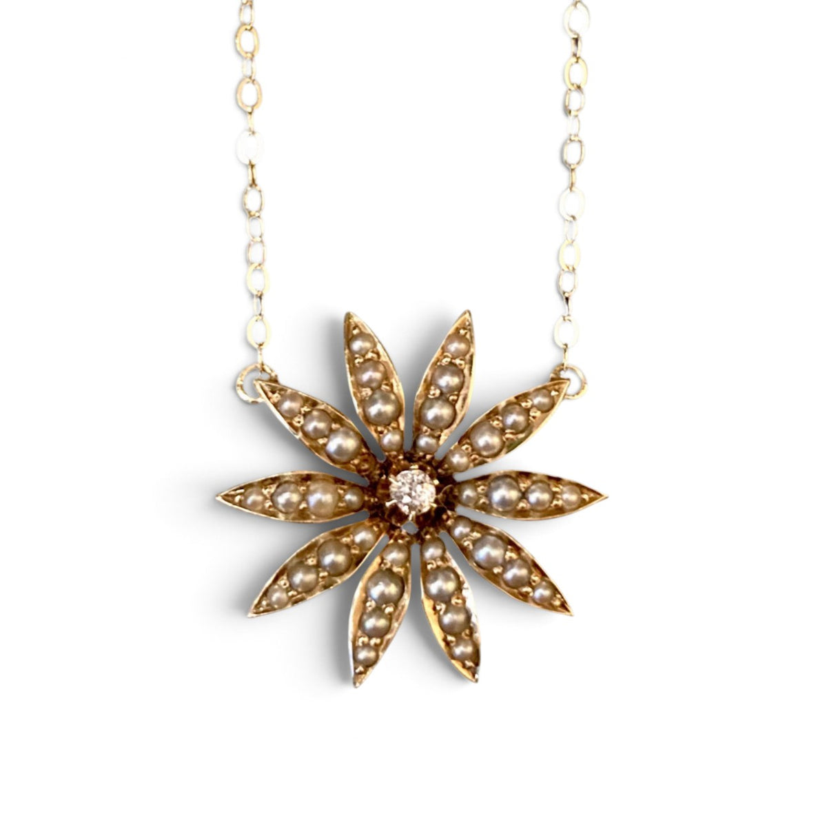 Antique Victorian Seed Pearl and Diamond Flower Necklace