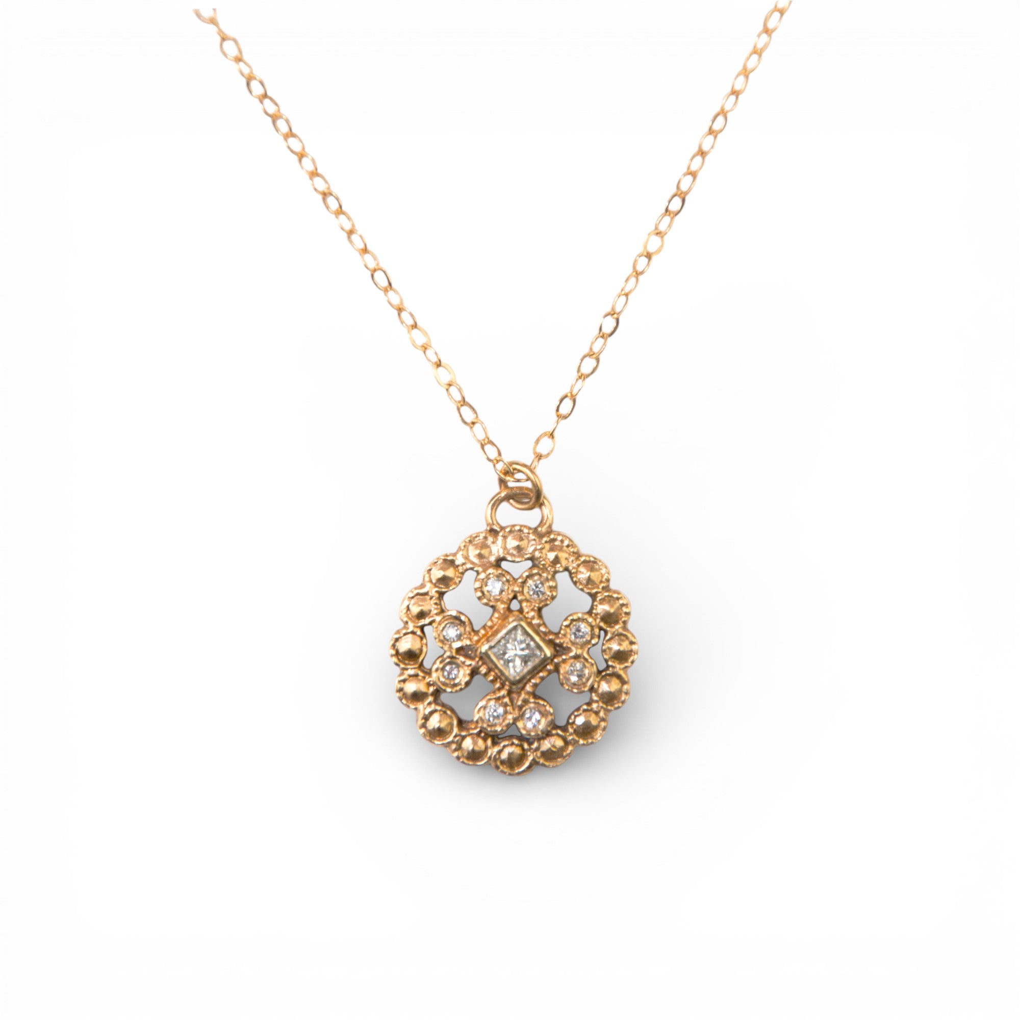 14k Gold Lace Cast Necklace with Diamonds
