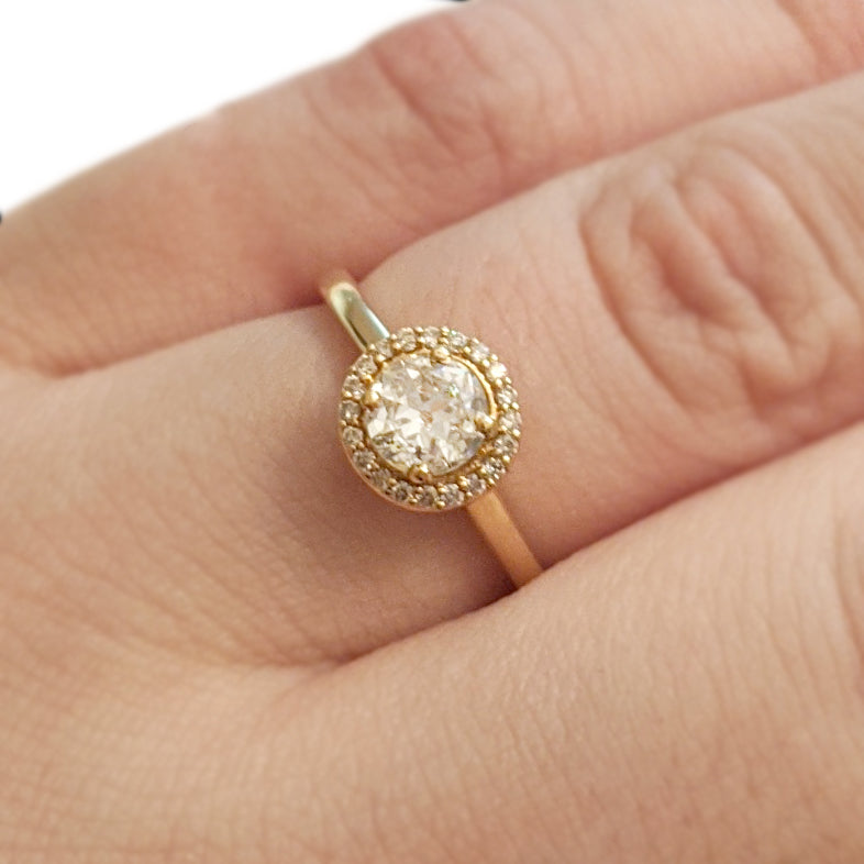 14k yellow gold engagement ring, 14k yellow gold halo engagement ring, 14k yellow gold antique inspired engagement ring, 14k yellow gold victorian inspired engagement ring, .50ct round brilliant diamond halo ring, repurposed diamond ring, antique diamond ring, handmade engagement ring