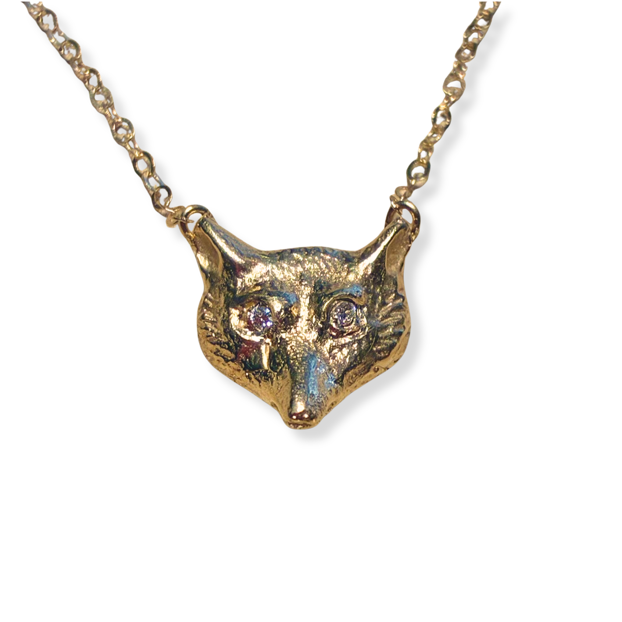 14k Yellow Gold Fox Necklace with Diamond Eyes