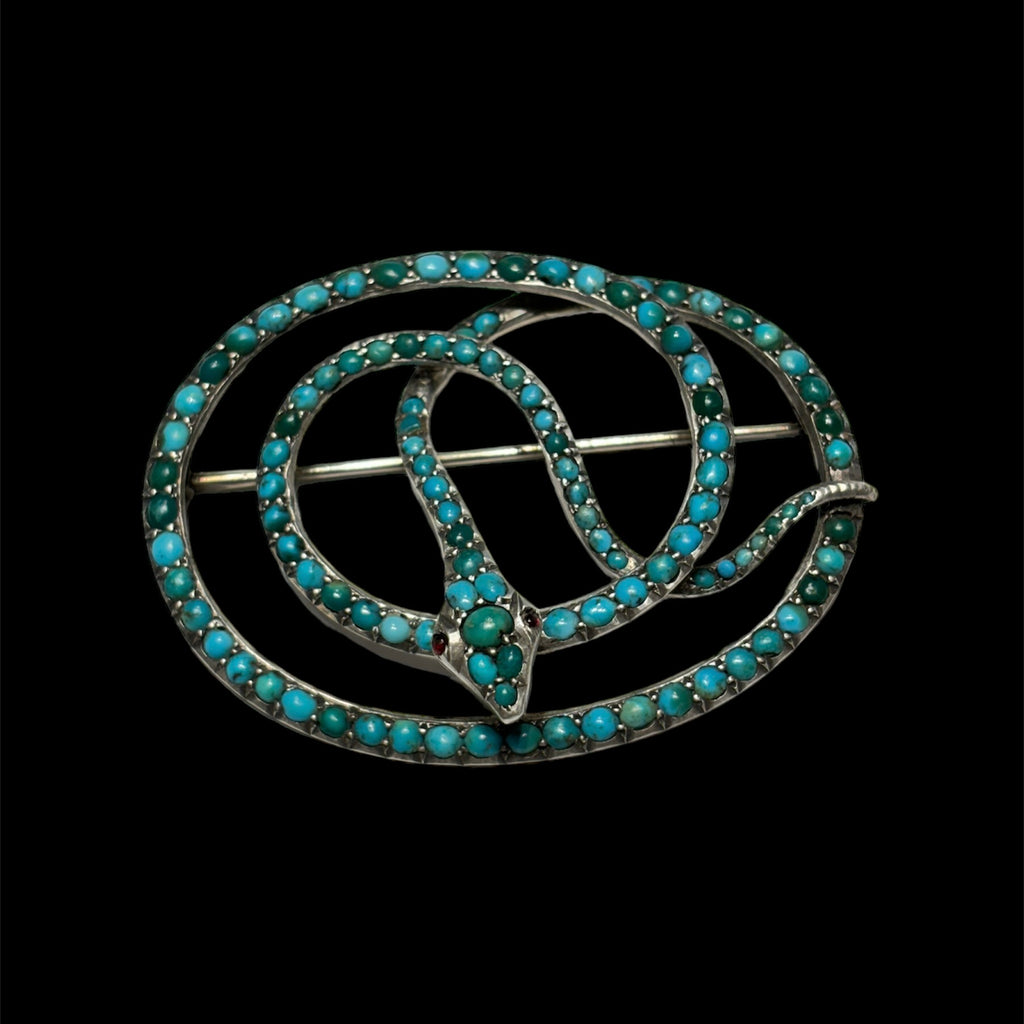 Antique Turquoise-Studded Sterling Snake Pin w. Ruby Eyes