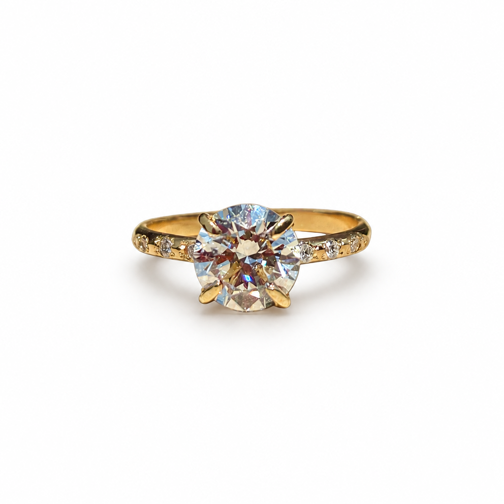 14k yellow gold, ring, jewelry, engagement ring, diamond ring, flush set diamonds, accent diamonds, lab diamond, custom jewelry, fine jewelry, gem, gemstone, gold, gold ring, handmade jewelry, hand-crafted, precious gem, rebekah brooks jewelry, northampton, cambridge