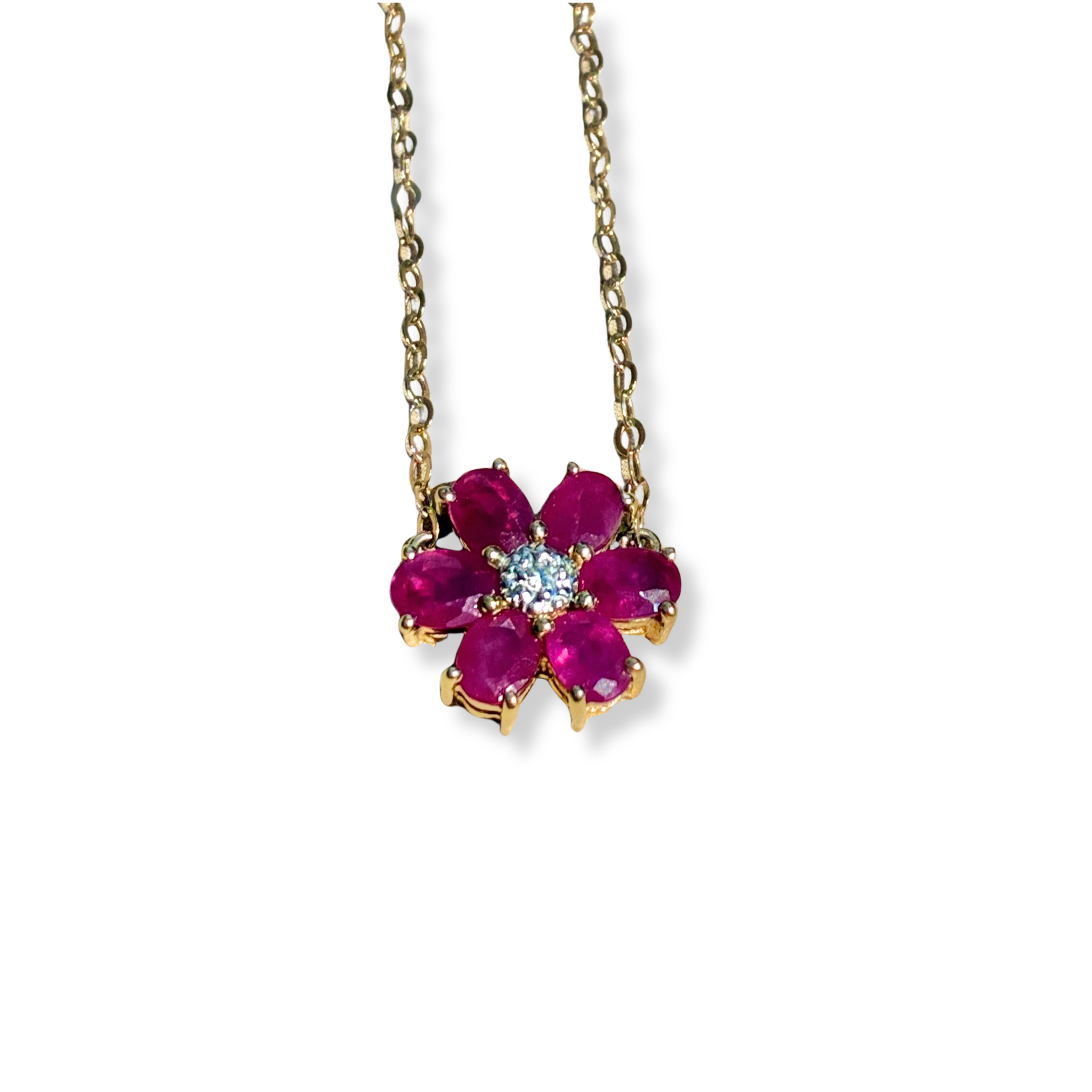 Vintage 14ky Ruby and Diamond Flower Necklace