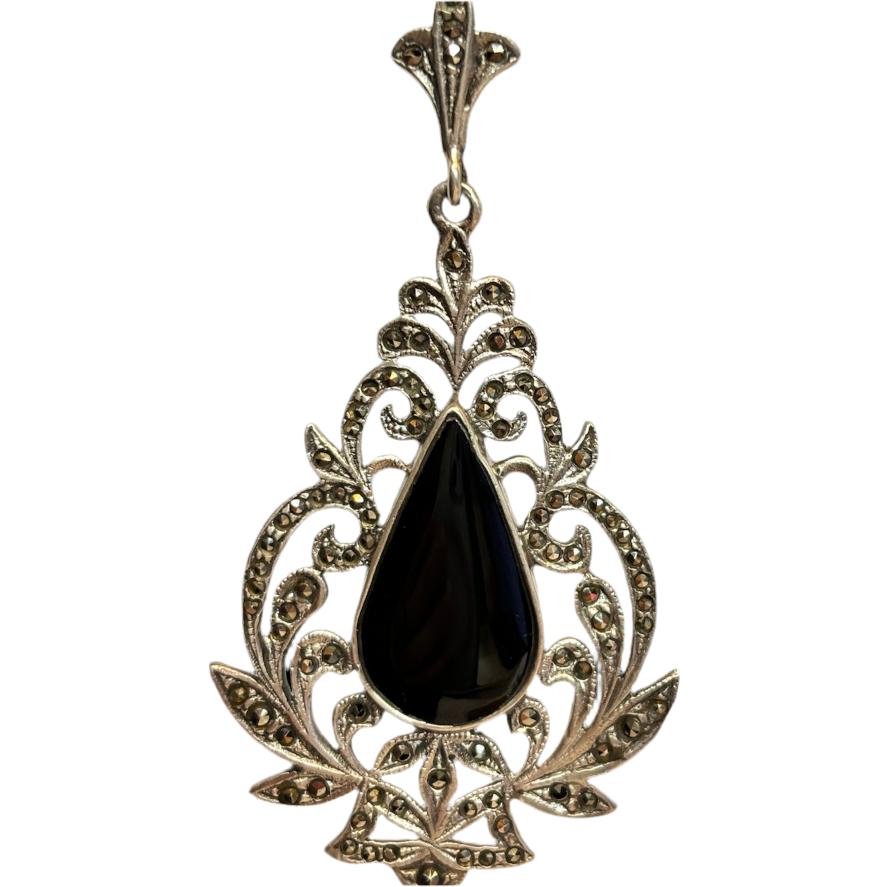 Vintage Sterling Silver Onyx and Marcasite Statement Earrings