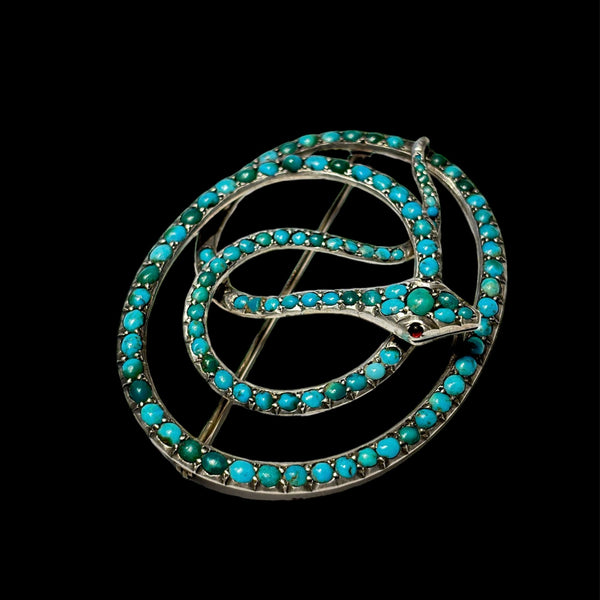 Antique Turquoise-Studded Sterling Snake Pin w. Ruby Eyes