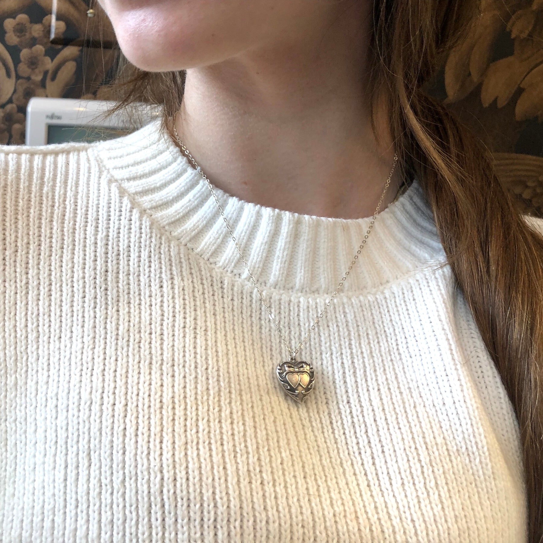 Antique Incredibly Sweet Double Heart and Bow Necklace