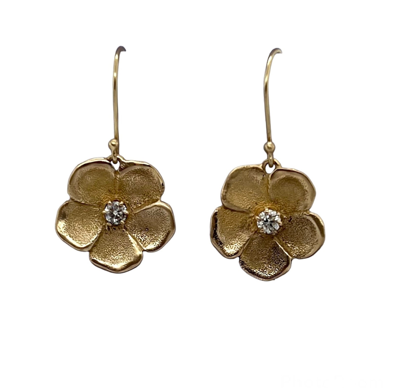 A pair of gold drop earrings shaped like flowers with a central diamond or precious stone, antique and vintage, victorian inspired, repurposed natural diamonds, solid 14k yellow gold diamond earrings, forget me not flower drop diamond earrings, nature inspired jewelry, vintage inspired jewelry, antique inspired jewelry, handmade jewelry