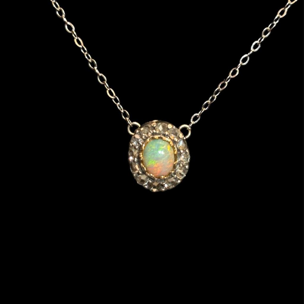 Edwardian 14k Opal and Diamond Halo Necklace