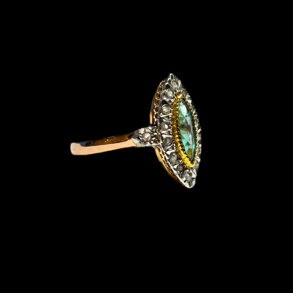 Rare French Edwardian Green Sapphire and Diamond Halo Ring
