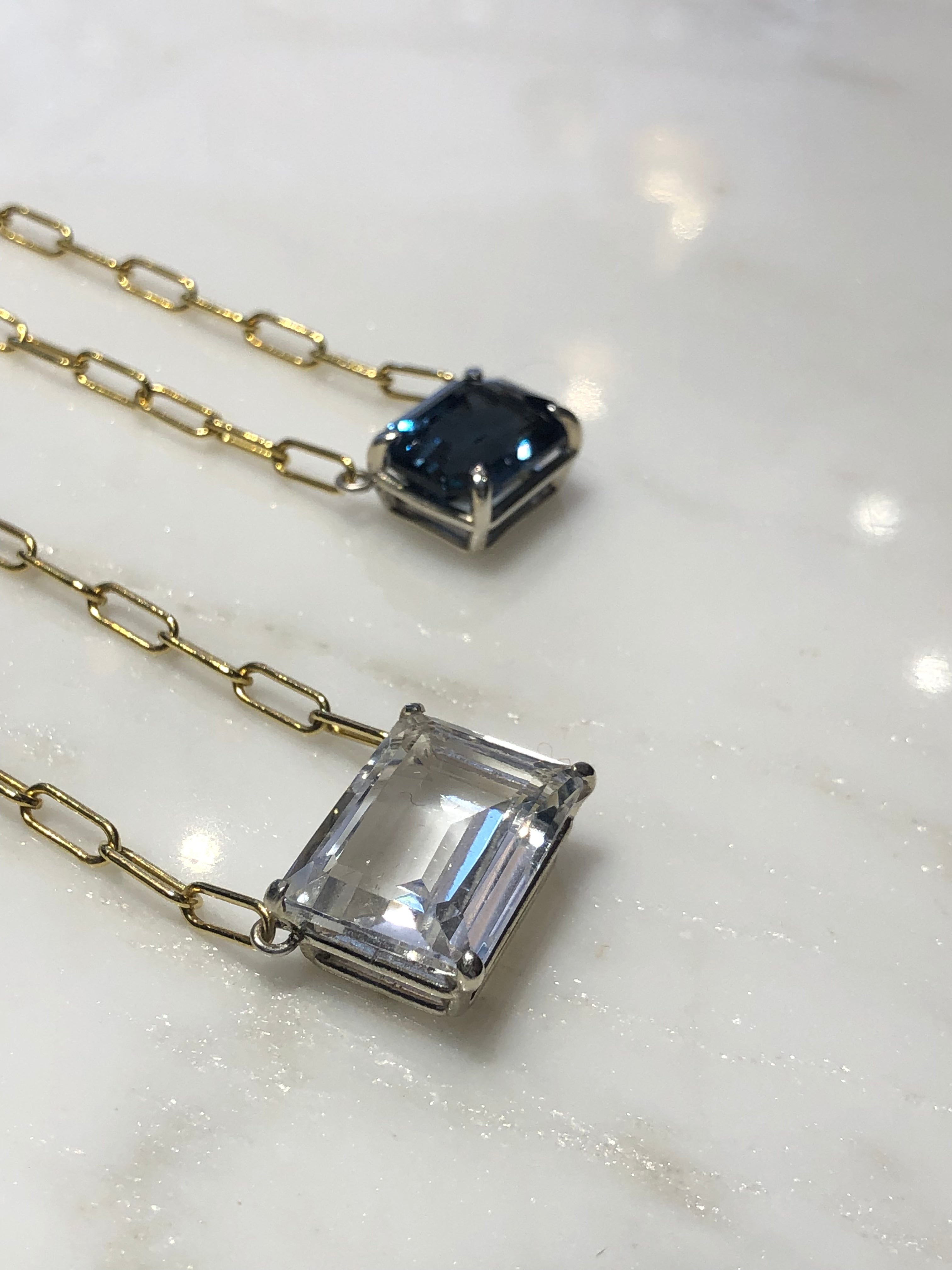 Emerald Cut Teal Topaz East-West Necklace