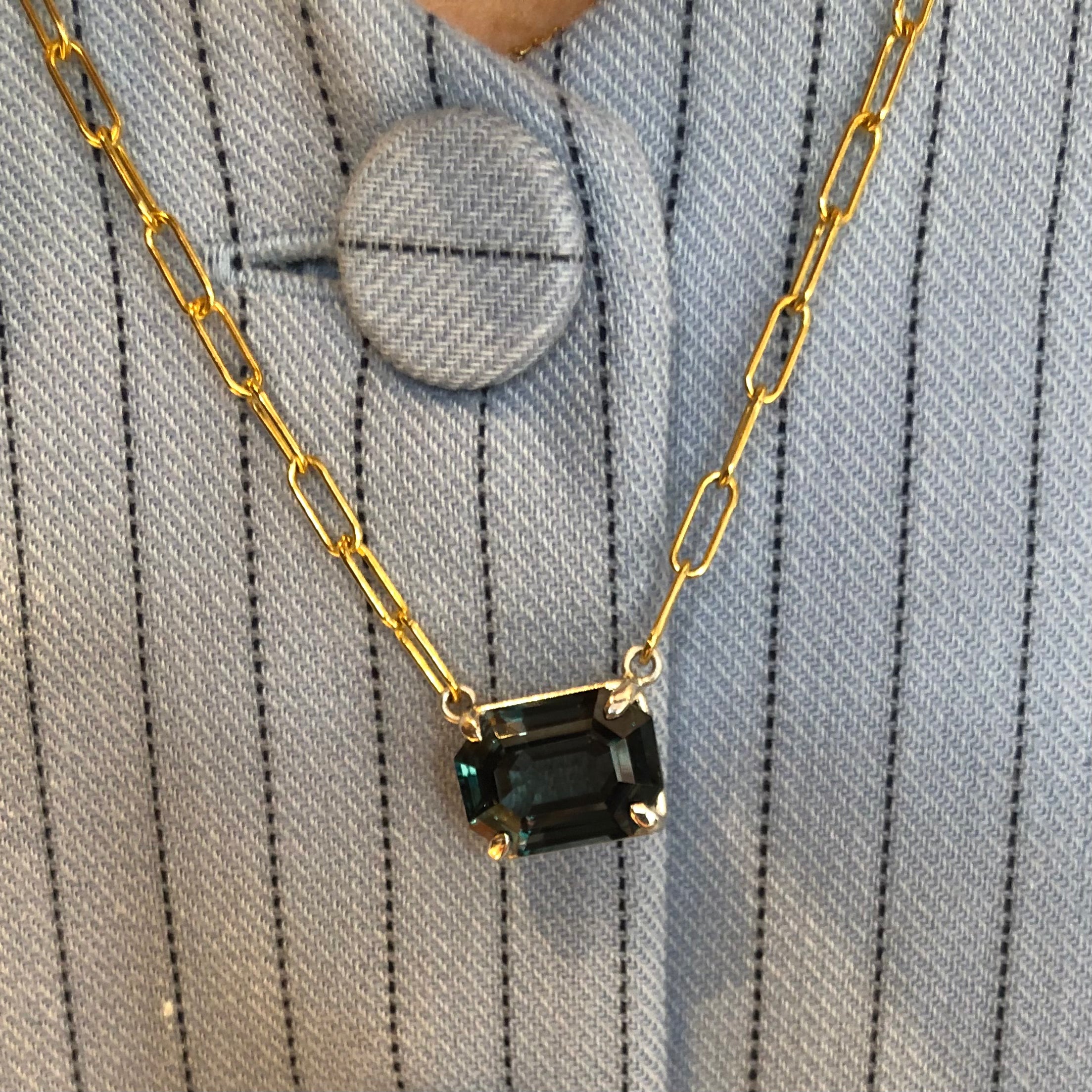 Emerald Cut Teal Topaz East-West Necklace