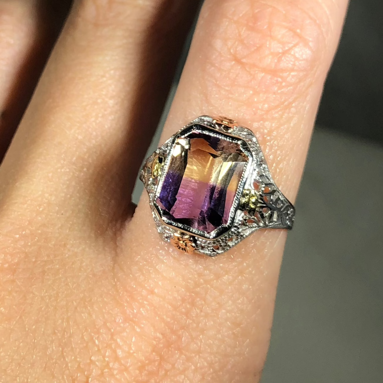 Art Deco 14k Gold Filigree Ametrine Ring
