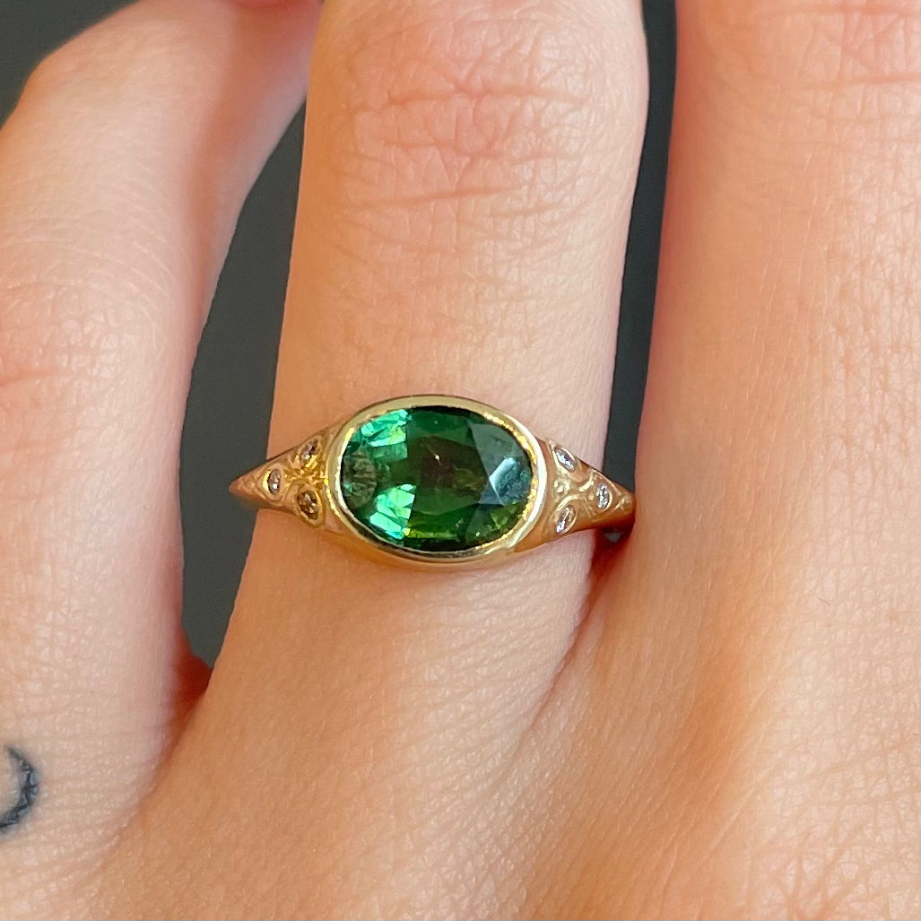 tourmaline ring, tourmaline, 14k yellow gold, gold ring, handcrafted, accent diamond ring, local-jeweler, northampton jewelry