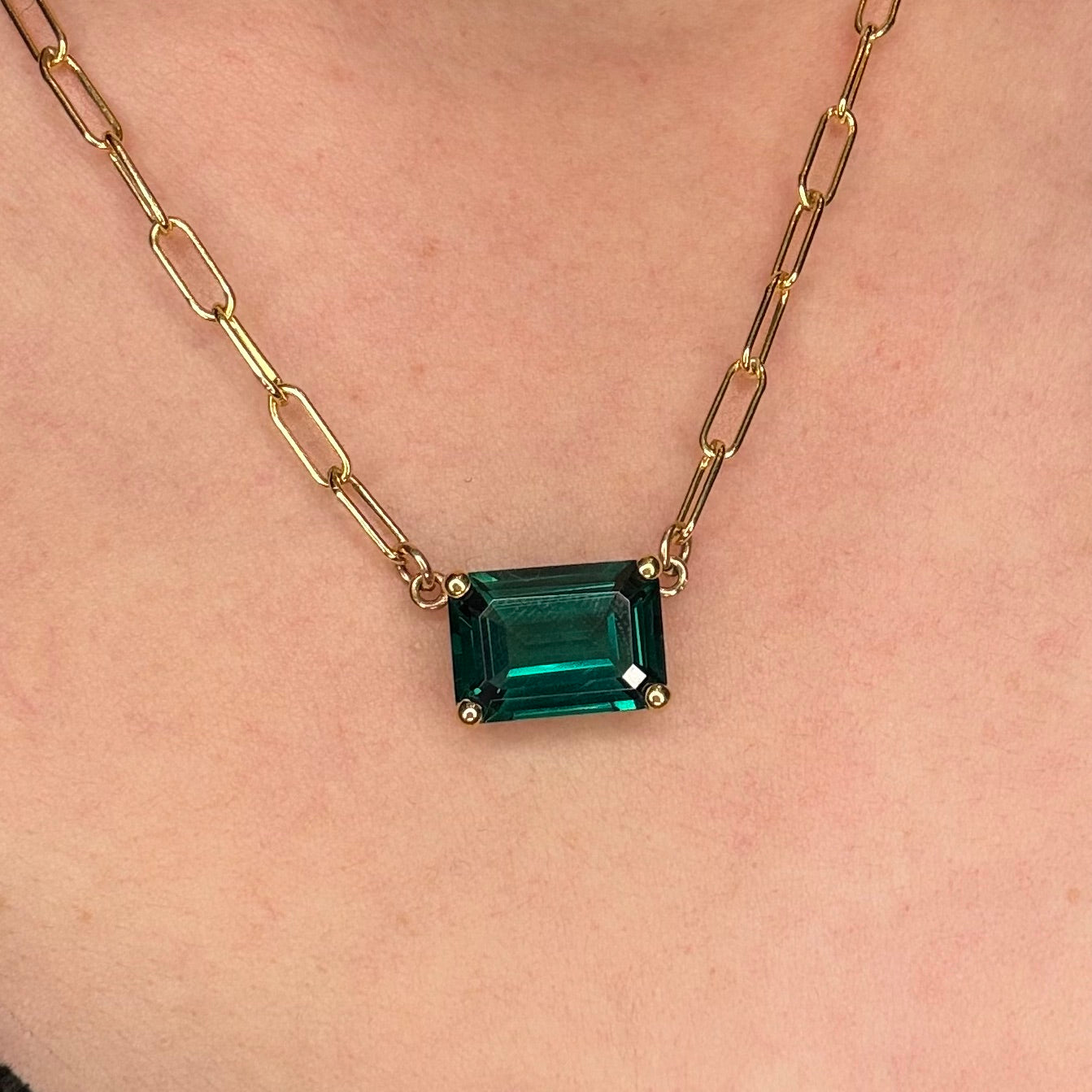 Lab Emerald Emerald Cut Paperclip Chain Necklace
