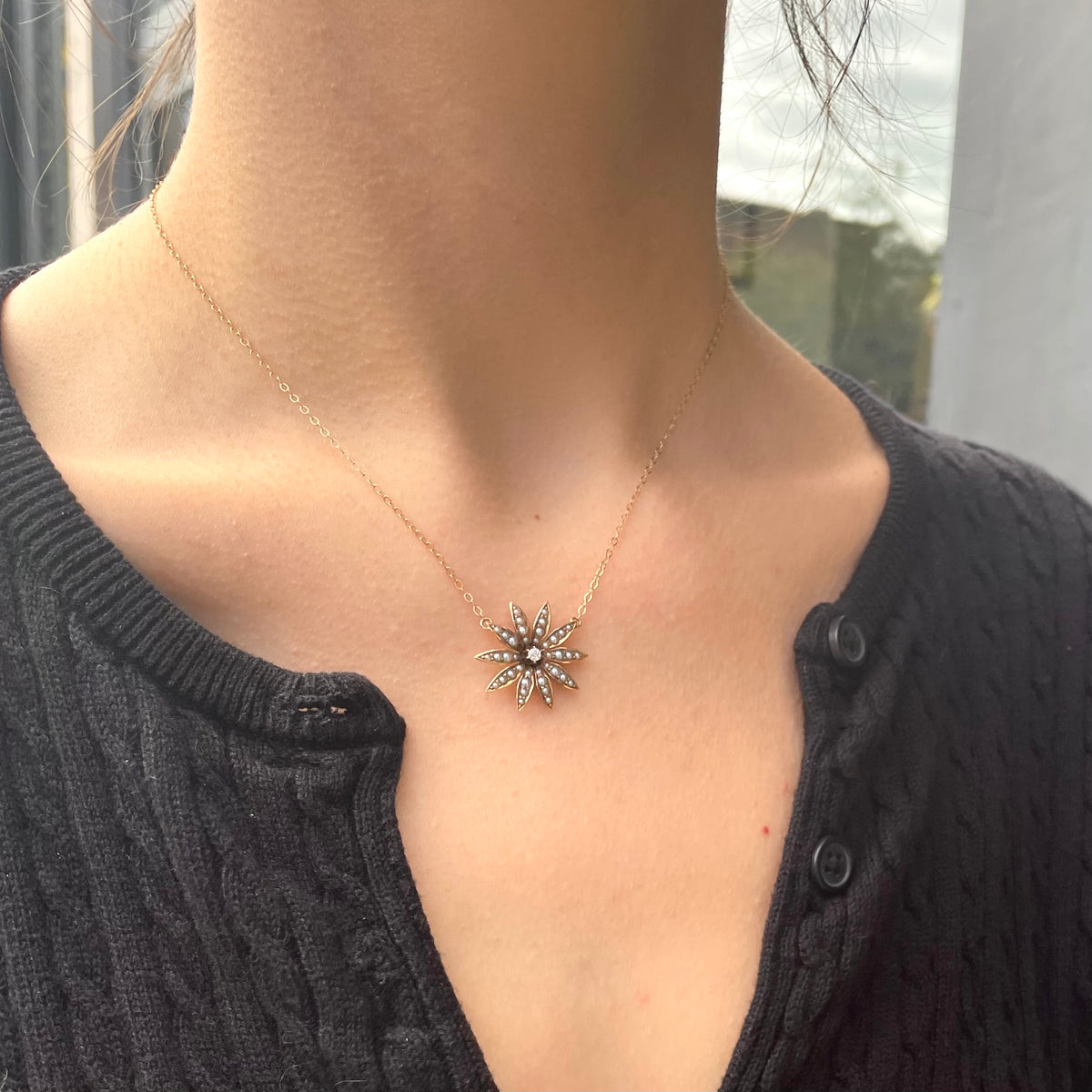 Antique Victorian Seed Pearl and Diamond Flower Necklace