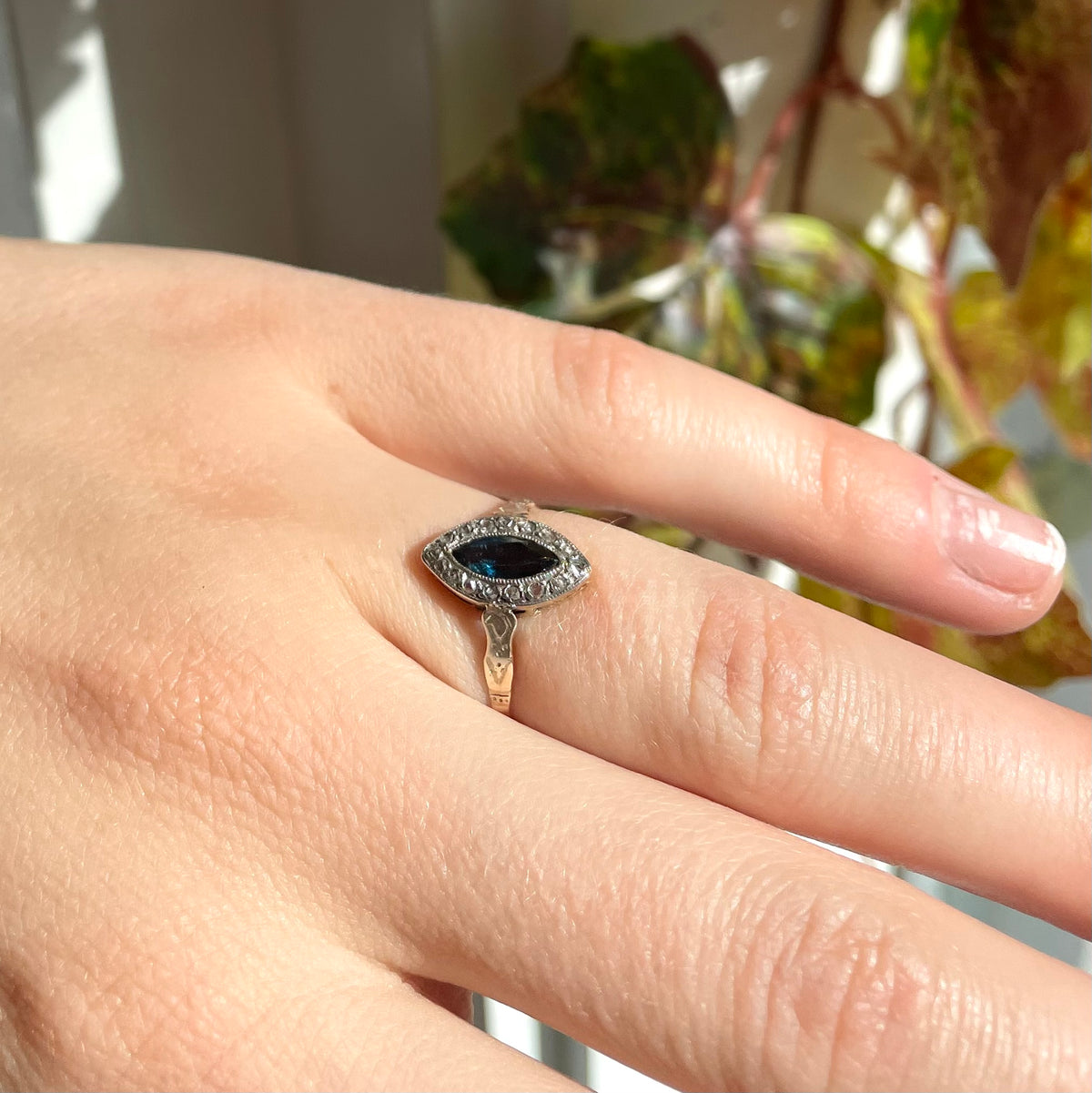 Victorian Teal Sapphire Navette Ring