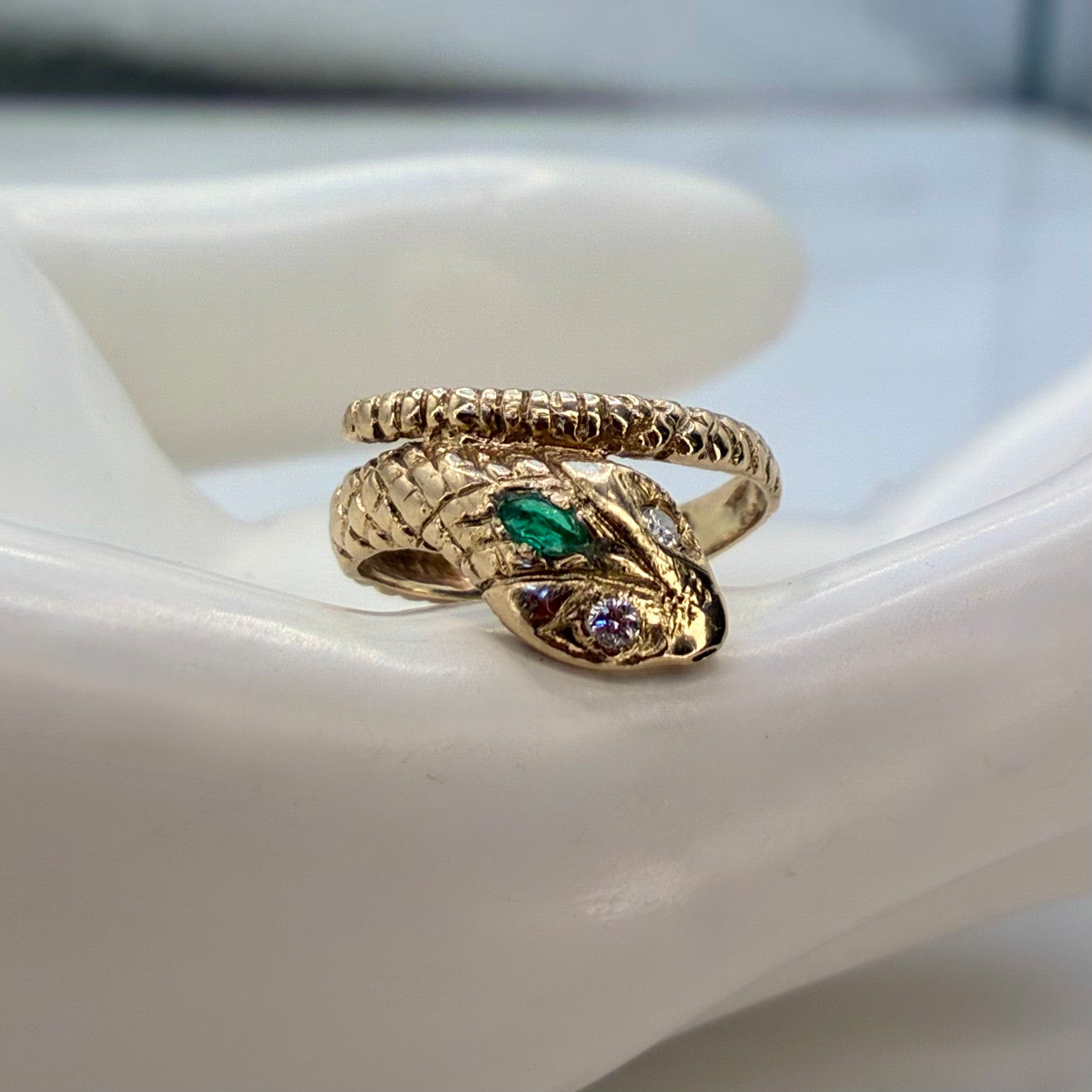 Antique Snake Ring with Emerald and Diamonds