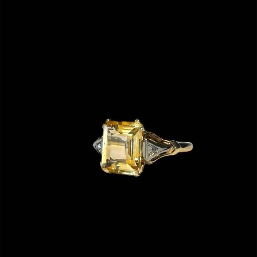 Art Deco 14k Citrine and Diamond Ring