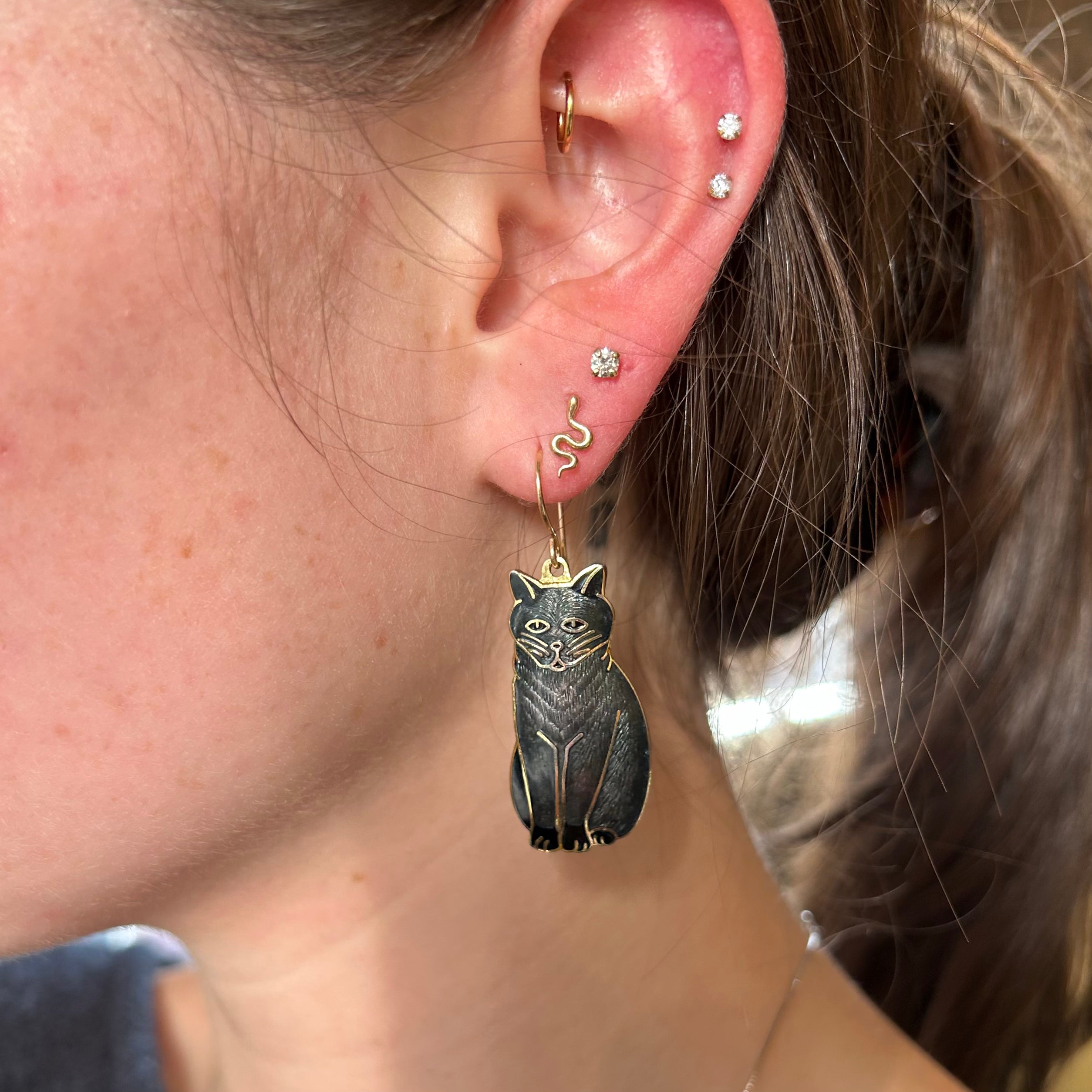 Vintage Enamel Black Cat Earrings