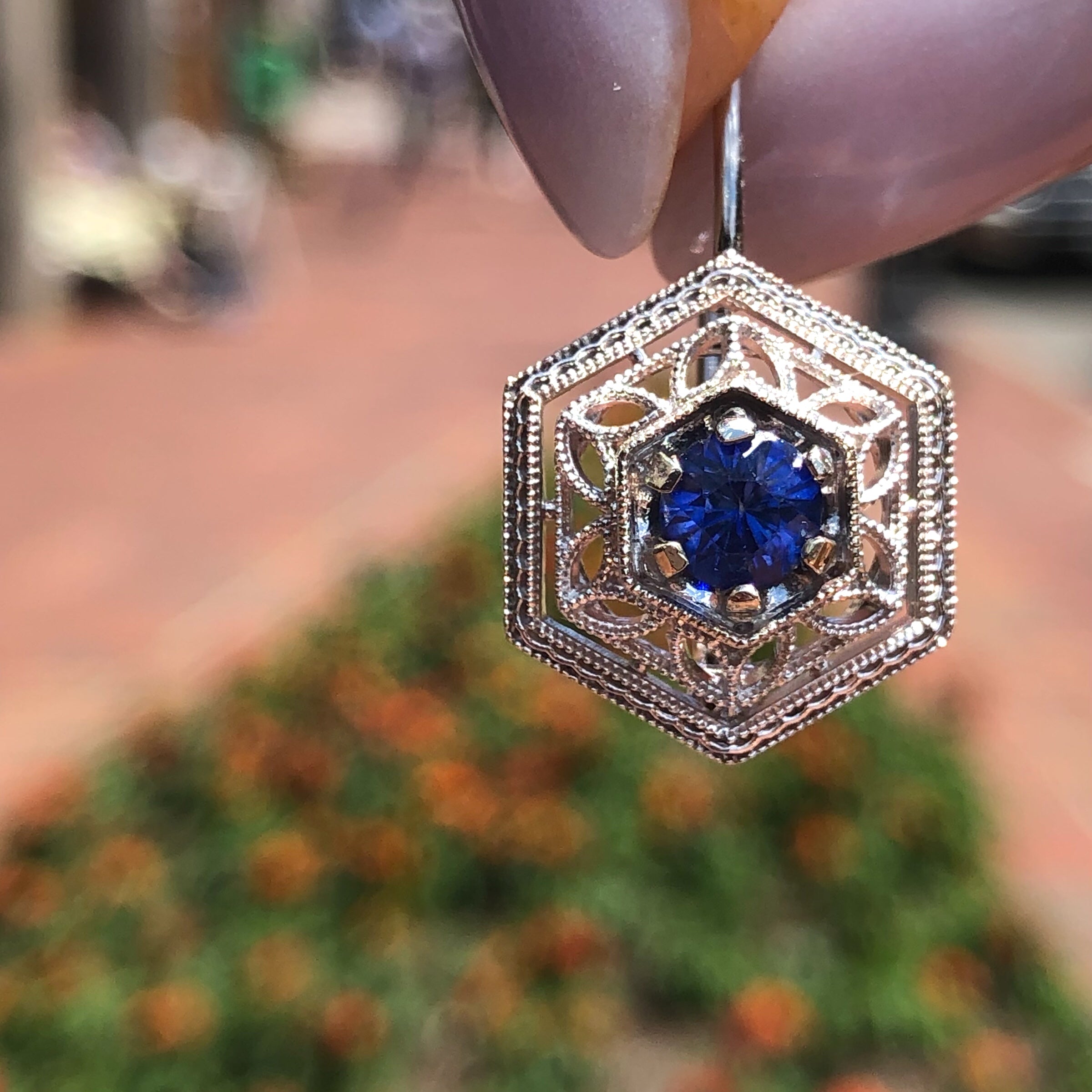 14k White Gold Hexagon Filigree Earrings with Sapphires
