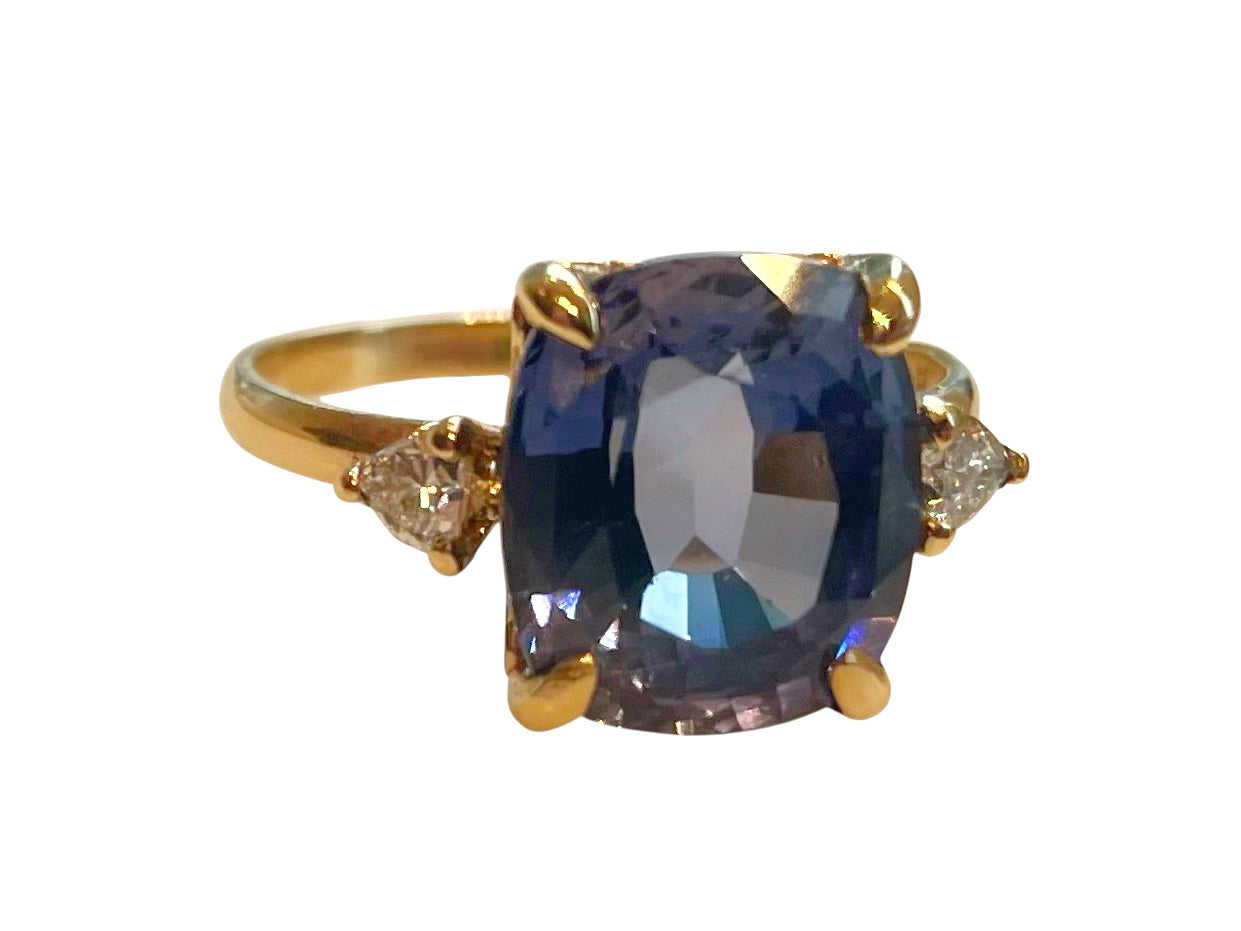 14k yellow gold, sapphire and trillion diamond ring, elongated cushion sapphire, ceylon blue sapphire, natural trillion diamonds, trio ring, gemstone ring
