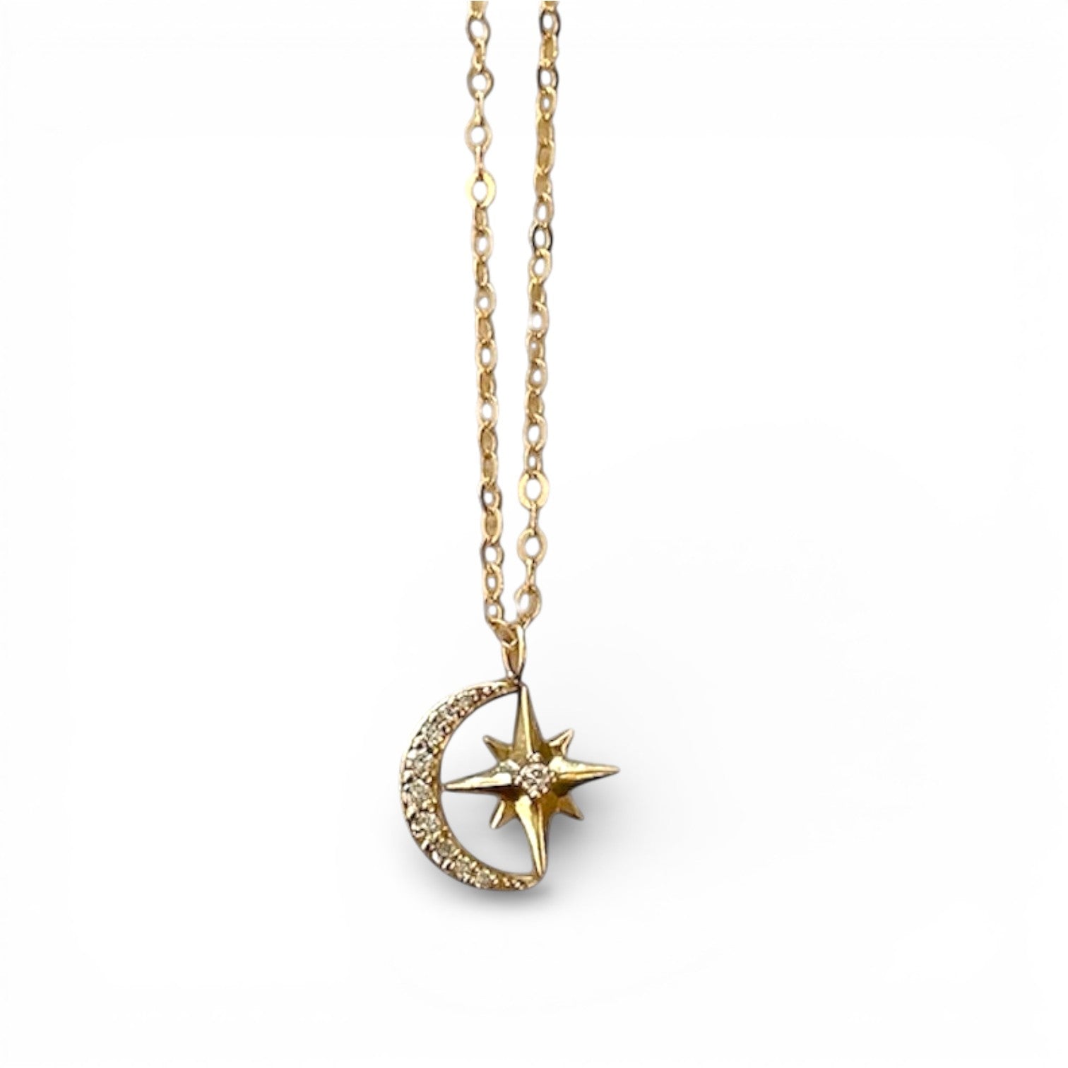14k Gold Crescent Moon and Star Necklace w. Diamonds
