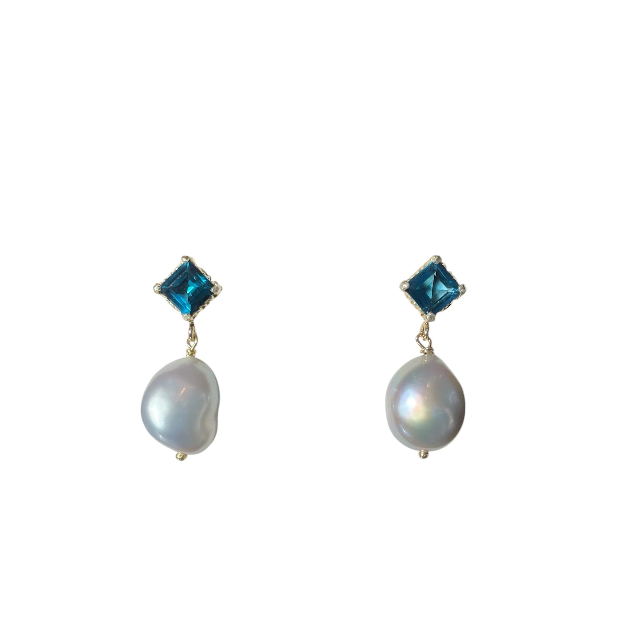 earrings, jewelry, fine jewelry, topaz, pearl, baroque pearl, blue, grey, gold, vermeil