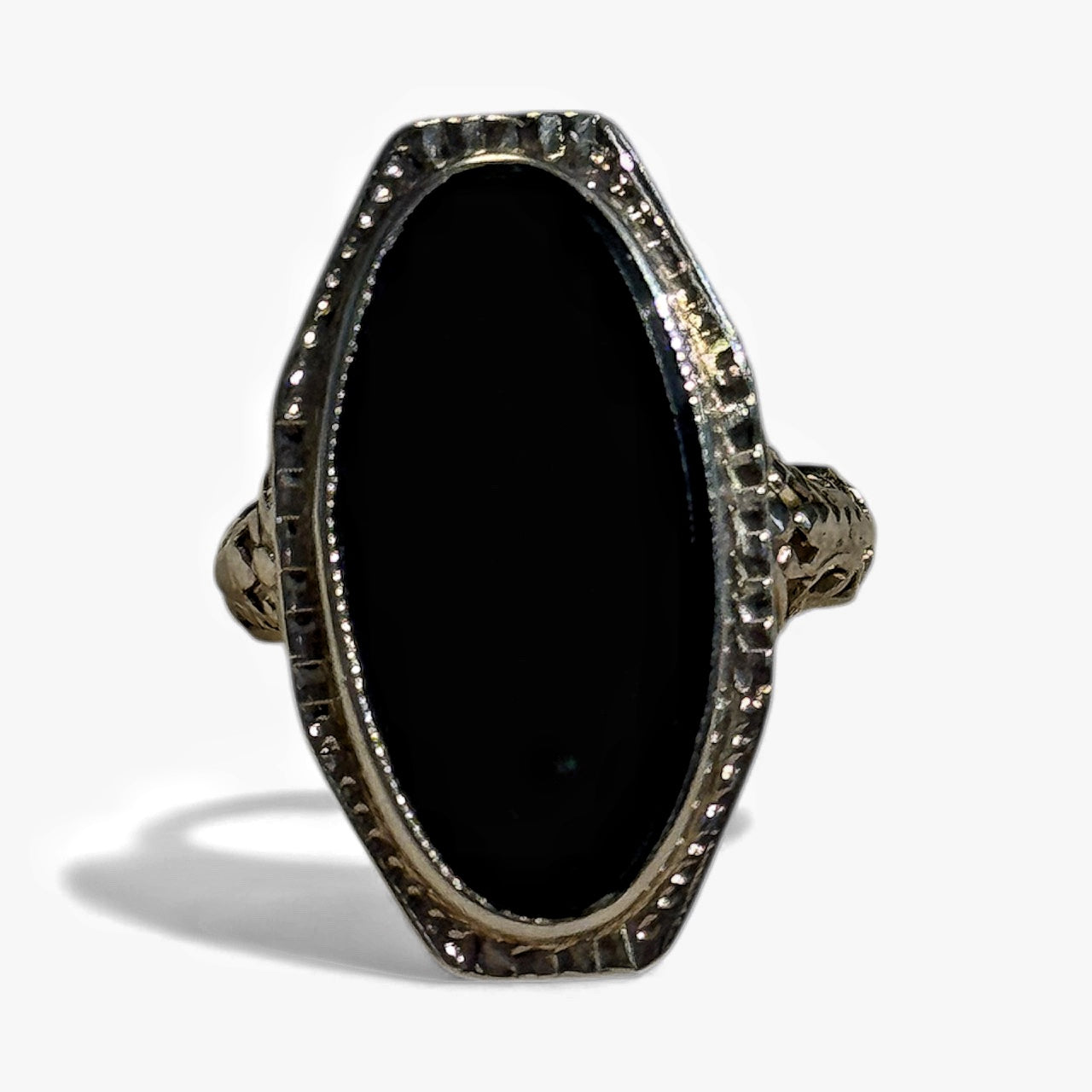 art-deco, art deco, art deco ring, antique ring, ring, white gold ring, onyx ring, ring, antique, onyx, white gold, 14k, 14k white gold, filigree, filigree ring, onyx and white gold ring, dinner ring, cocktail ring, statement ring, large ring, unique ring, cool ring, unisex rings, unisex fashion, women's rings, jewelry, antique jewelry, rebekah brooks jewelry, northampton