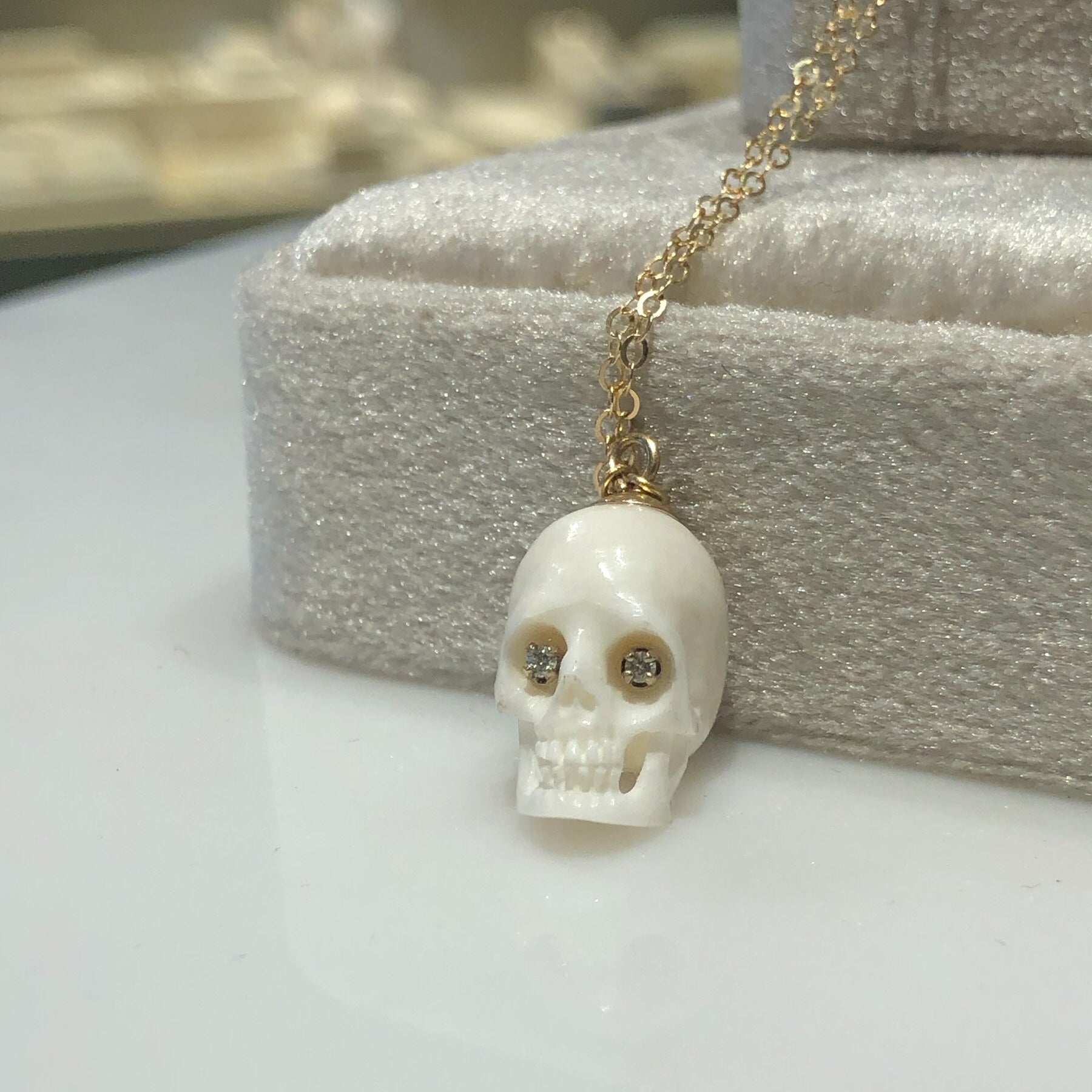 Repurposed Carved Bone Skull with lab Diamond Eyes 14k gold chain