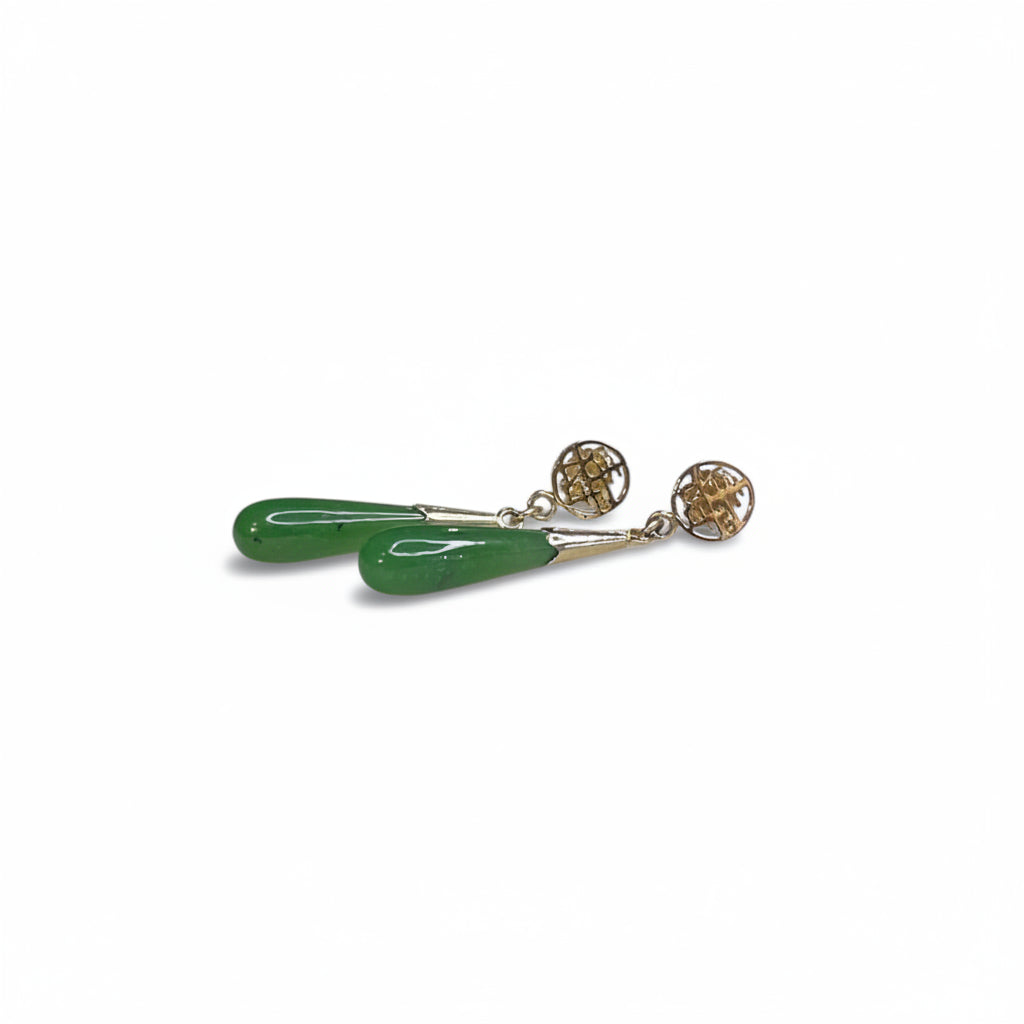 Jewelry, earrings, jade, jade earrings, jade jewelry, Nephrite jade, nephrite jade earrings, vintage, vintage earrings, vintage jade, vintage jade earrings, green jade, longevity symbol, gold earrings, drop earrings, rebekah brooks, rebekah brooks jewelry, cambridge, northampton