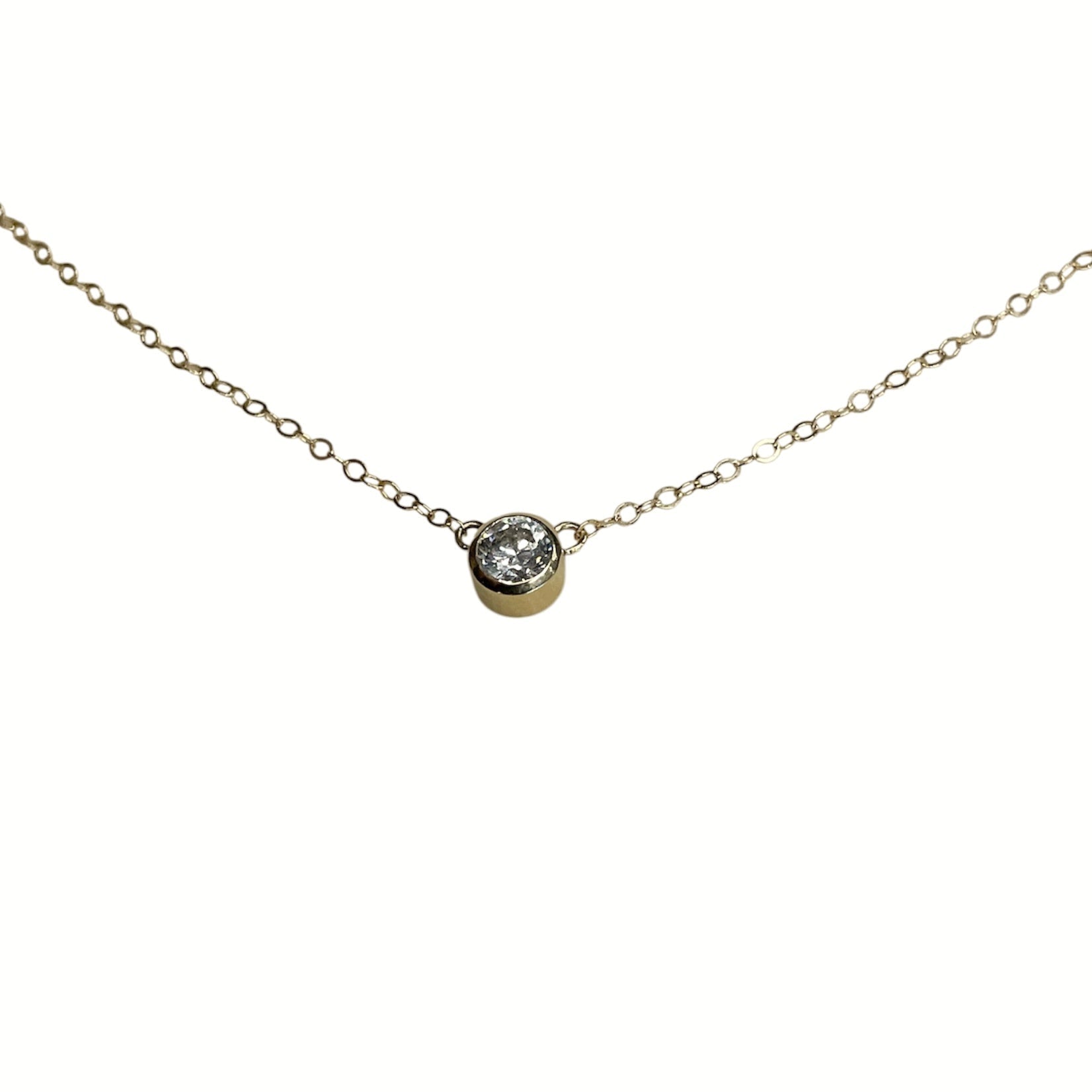 Diamond necklace in a bezel setting. diamond, diamond necklace, bezel setting, 14k gold, 14k necklace, gold and diamond necklace, jewelry, necklace, rebekah brooks jewelry, cambridge, northampton