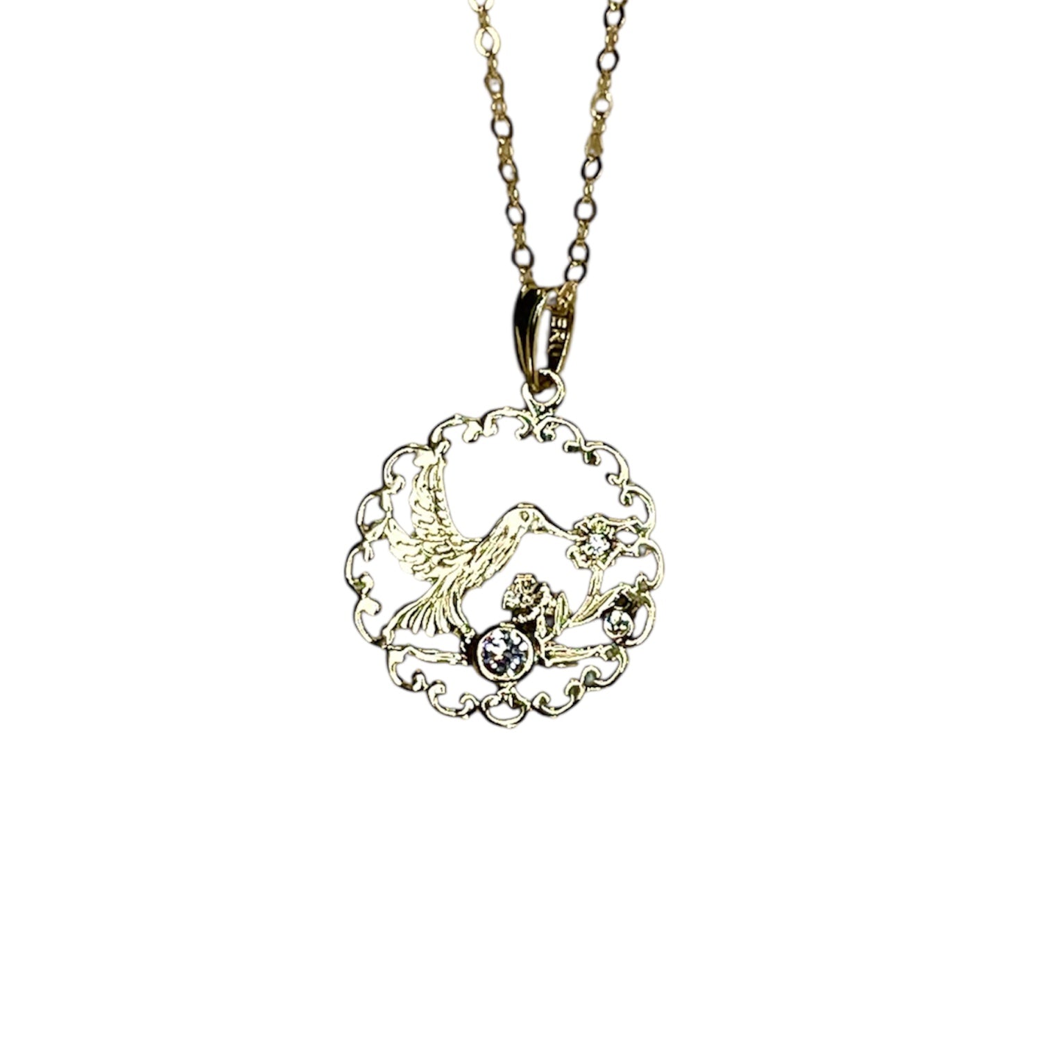 14k yellow gold hummingbird diamond necklace, diamond necklace, hummingbird necklace, diamond jewelry, gold necklace, gold jewelry, rebekah brooks jewelry, necklace, diamond necklace, diamond jewelry, 14k gold and diamond necklace 