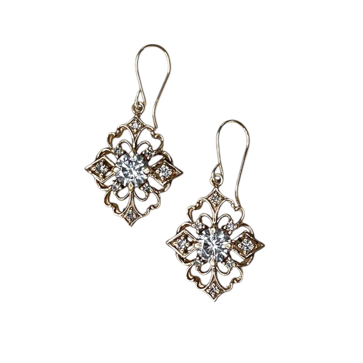 Gold vermeil art deco filigree earrings with moissanite center stones, gold vermeil earrings, art deco earrings, art deco jewelry, vintage jewelry, vintage earrings, moissanite, moissanite earrings, moissanite jewelry, filigree earrings, filigree jewelry, hand crafted jewelry, woman owned business, local business, local jewelry, woman owned jewelry store, local jeweler 
