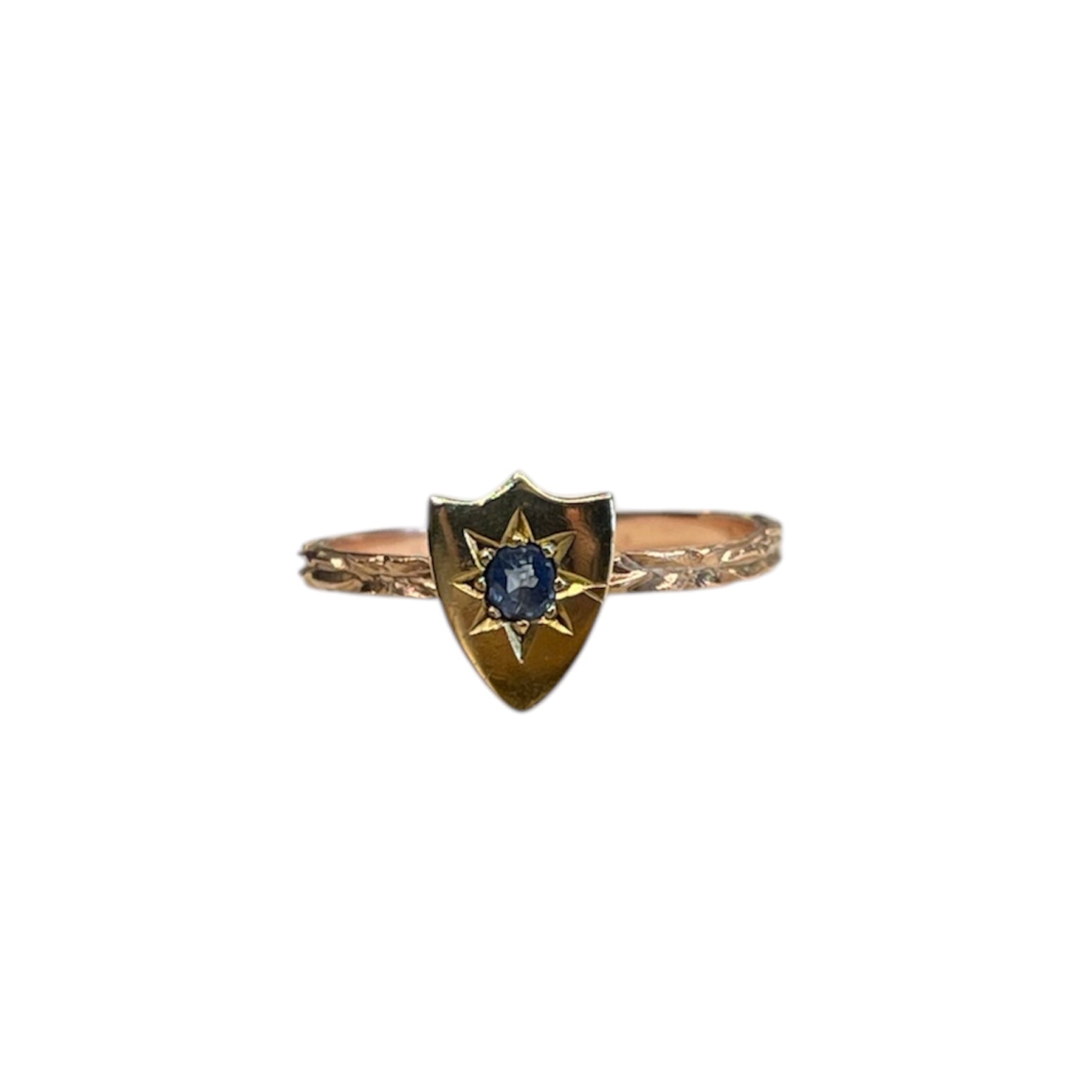 sapphire ring, shield ring, antique ring, 14k rose gold ring, art deco ring, antique shield ring, repurposed antique ring, 14k rose gold, gold ring, antique gold ring, handcrafted ring, rebekah brooks jewelry, handcrafted jewelry 
