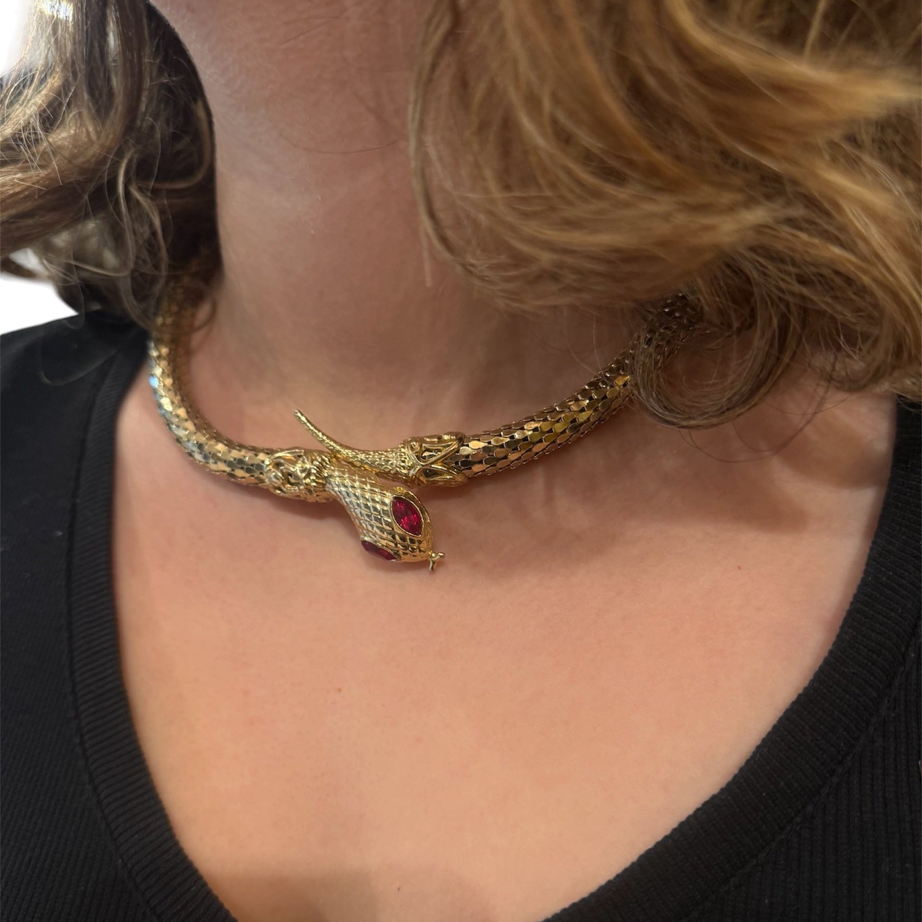 gold necklace, vintage, vintage necklace, snake necklace, costume, mesh necklace, antique, whiting & davis