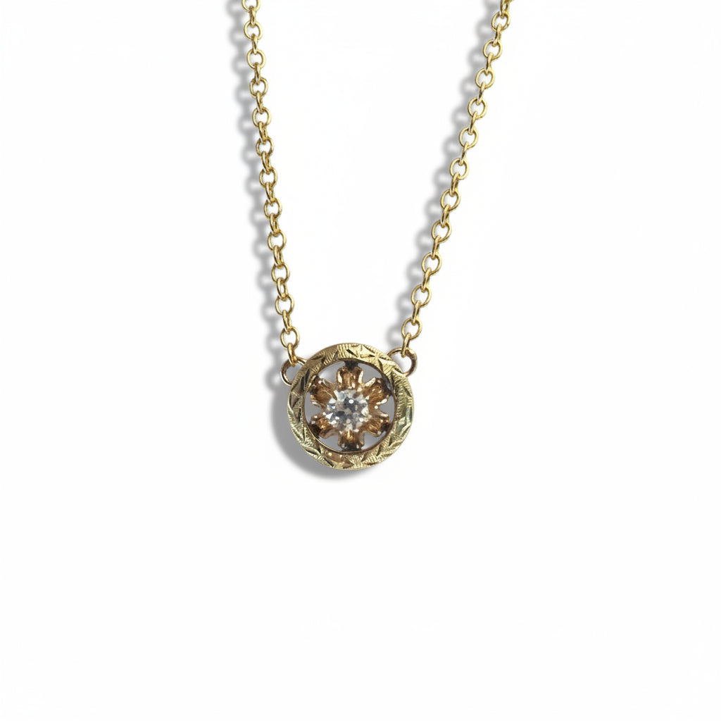 antique necklace worn on neck, antique necklace, victorian necklace, 10k gold, diamond, old european cut diamond, antique diamond, victorian, necklace, gold-fill, diamond pendant, northampton, local, women-owned