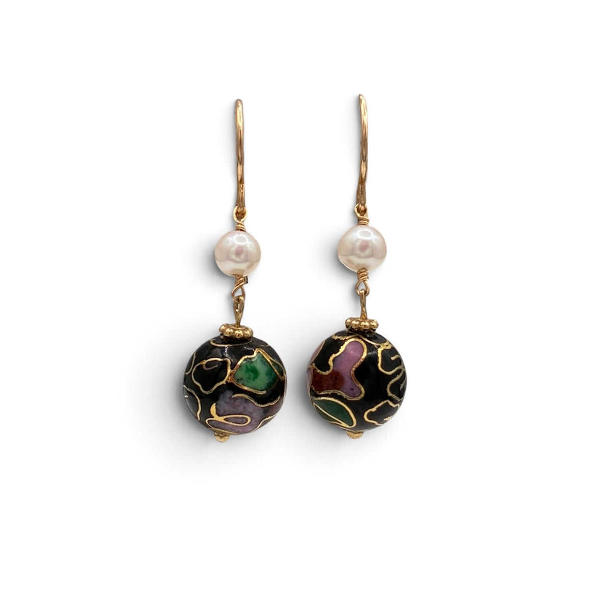 Vintage Cloisonne and Pearl Earrings