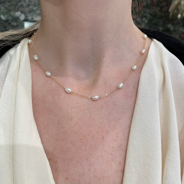 Jewelry, custom jewelry, jewelry stores near me, pearl necklace, pearl, gold, silver, rice pearl, women's necklace, pearl on chain necklace, pearl and chain necklace, northampton, cambridge
